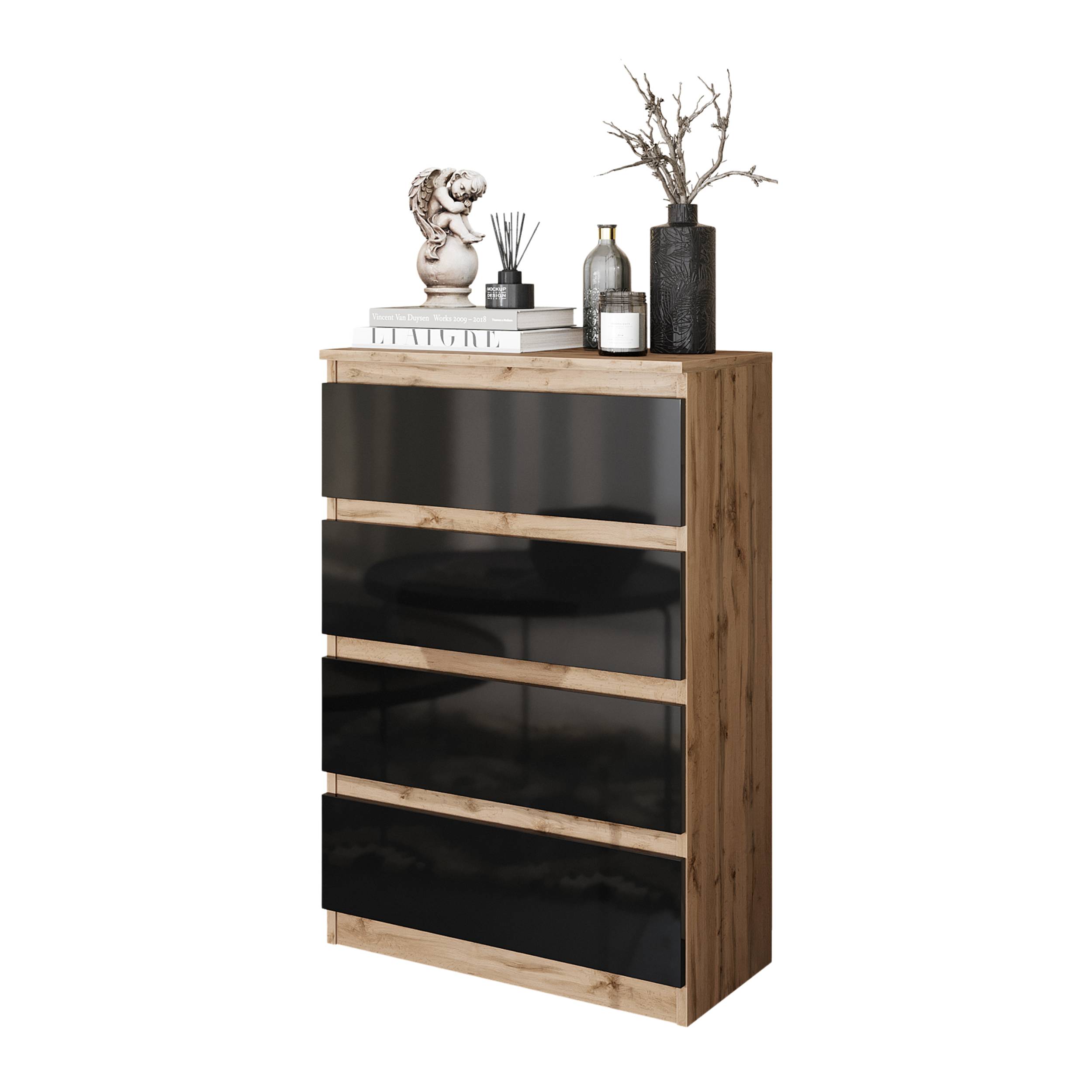 GABRIEL Kommode med 4 skuffer  -  Wotan eg / Sort Højglans  -  B60 Ã H92 Ã D33 cm
