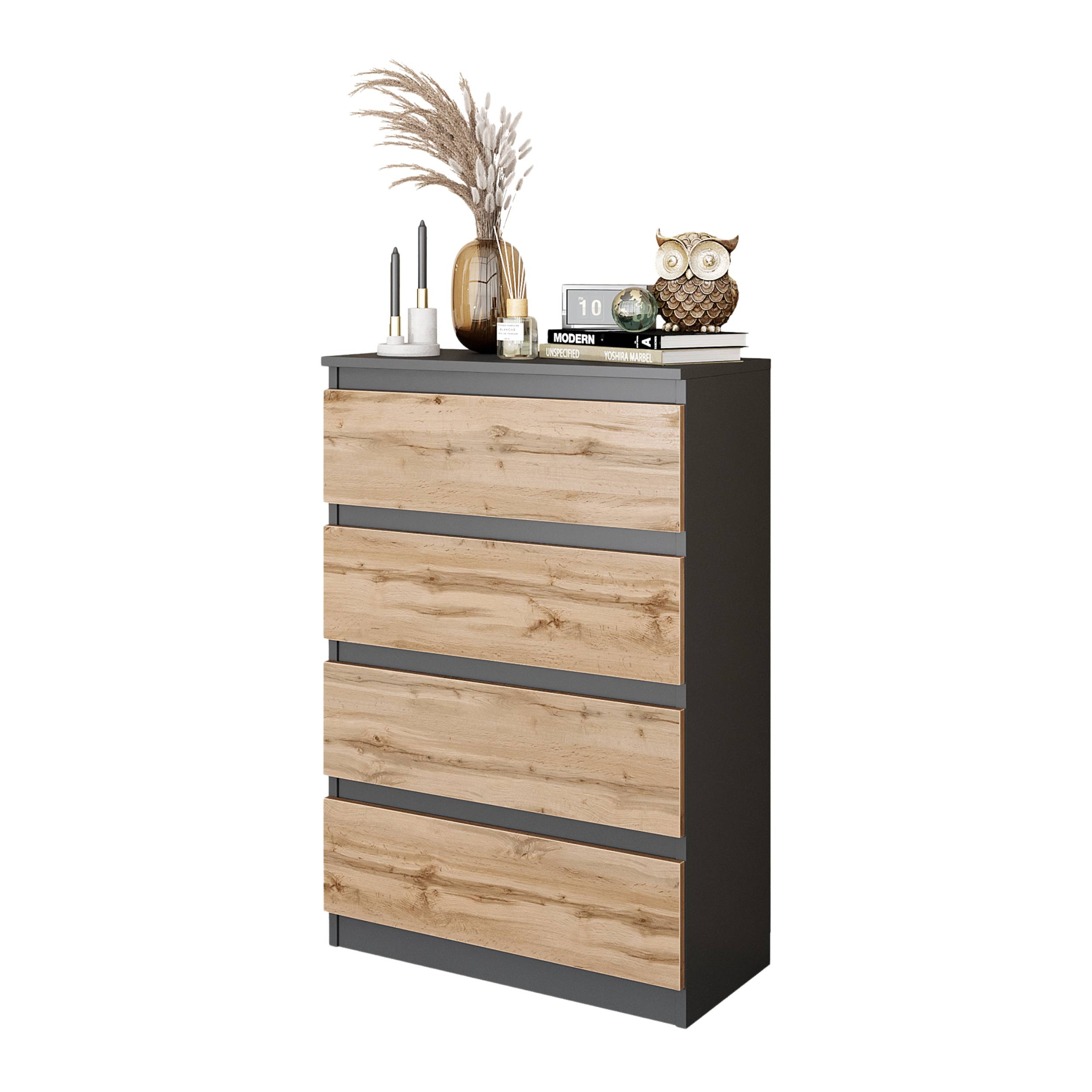 GABRIEL - Kommode / skænk med 4 skuffer - Antracitgrå / Wotan Eg - H92cm B60cm D33cm
