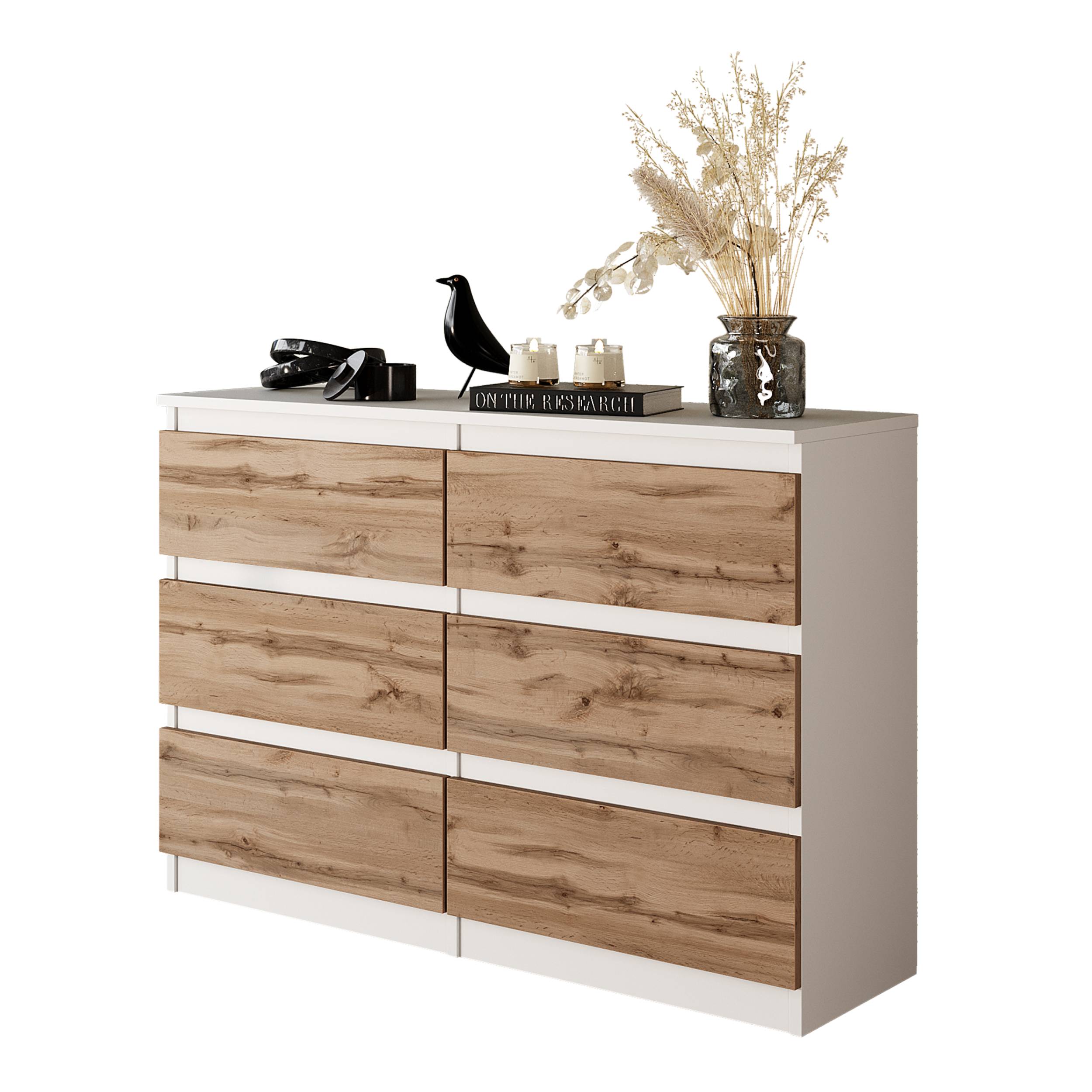 GABRIEL - Kommode / skænk med 6 skuffer - Hvid Mat / Wotan Eg H71cm B100cm D33cm