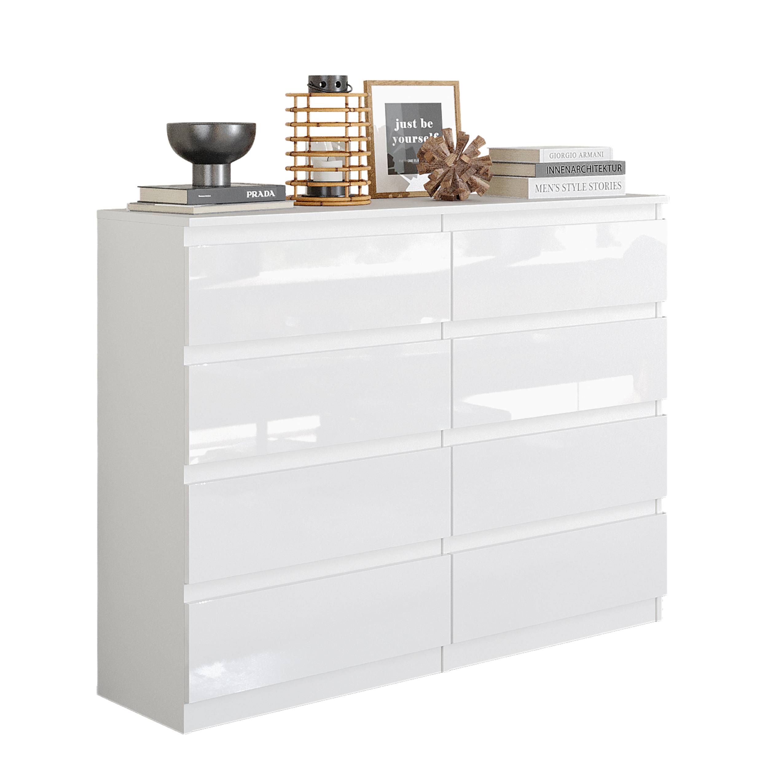 GABRIEL - Kommode / skænk med 8 skuffer - Hvid Højglans - H92cm B120cm D33cm