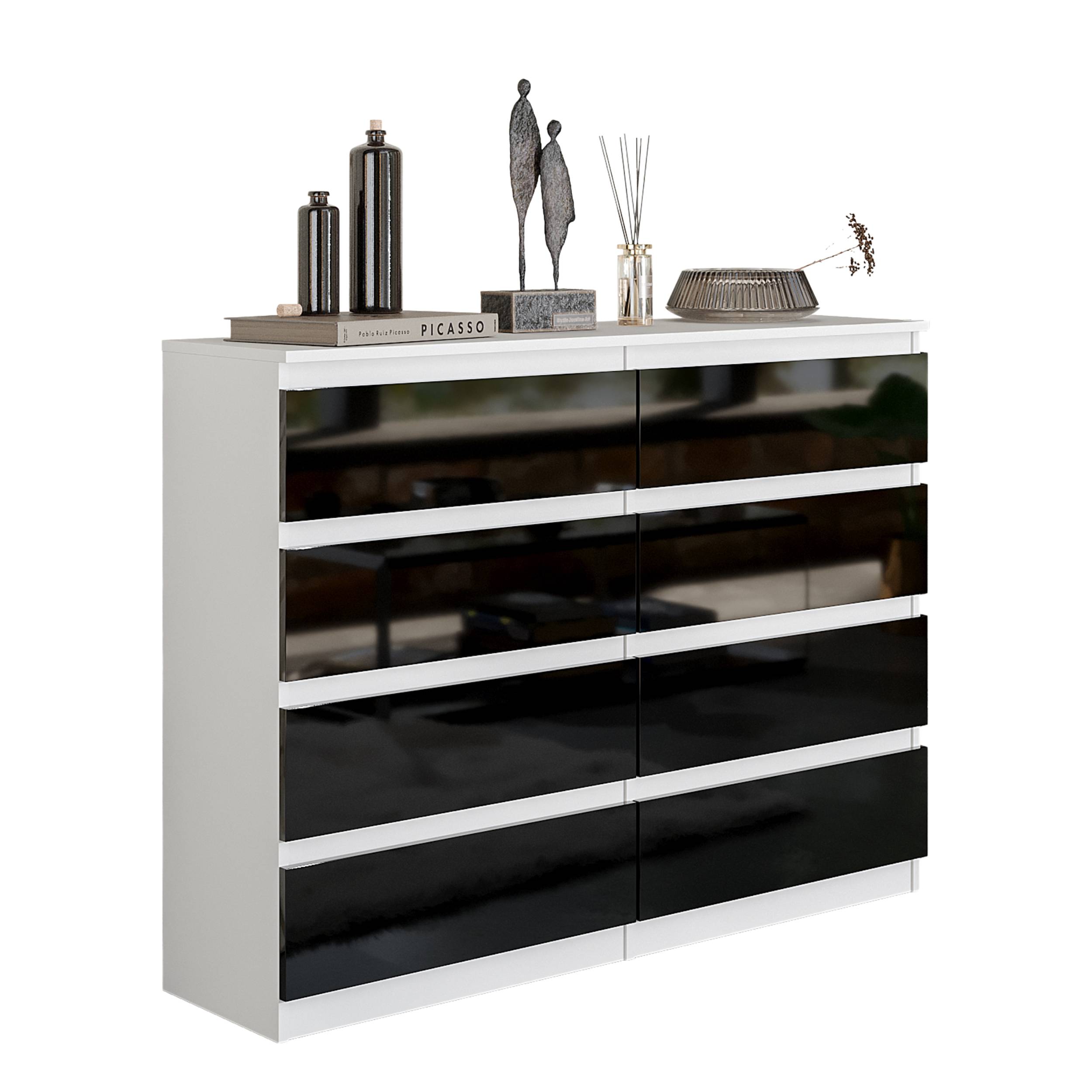 GABRIEL  -  kommode / skænk med 8 skuffer  -  mat hvid / sort højglans  -  H92 cm B120 cm D33 cm