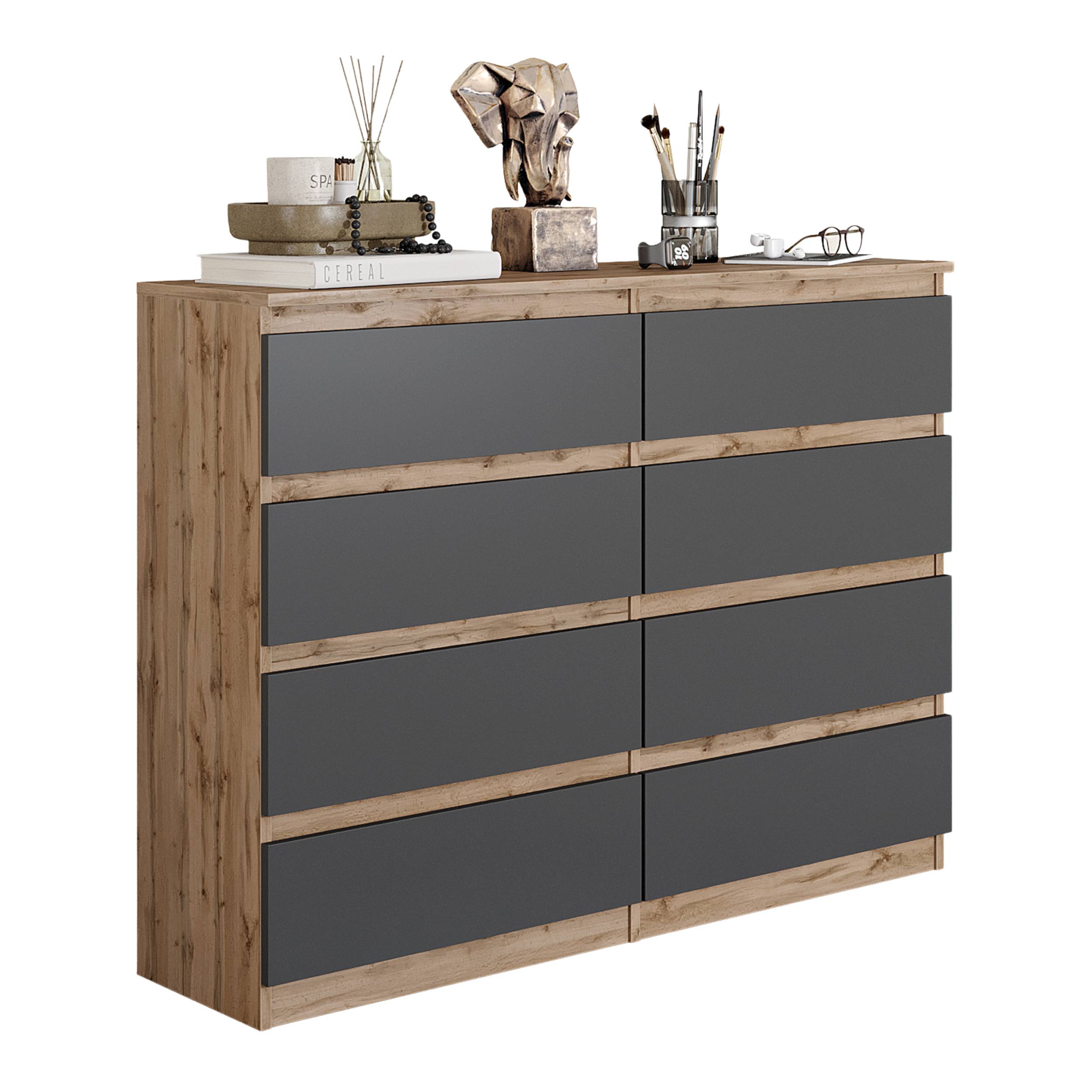 GABRIEL - Kommode / skænk med 8 skuffer - Wotan Eg / Antracit - H92cm B120cm D33cm