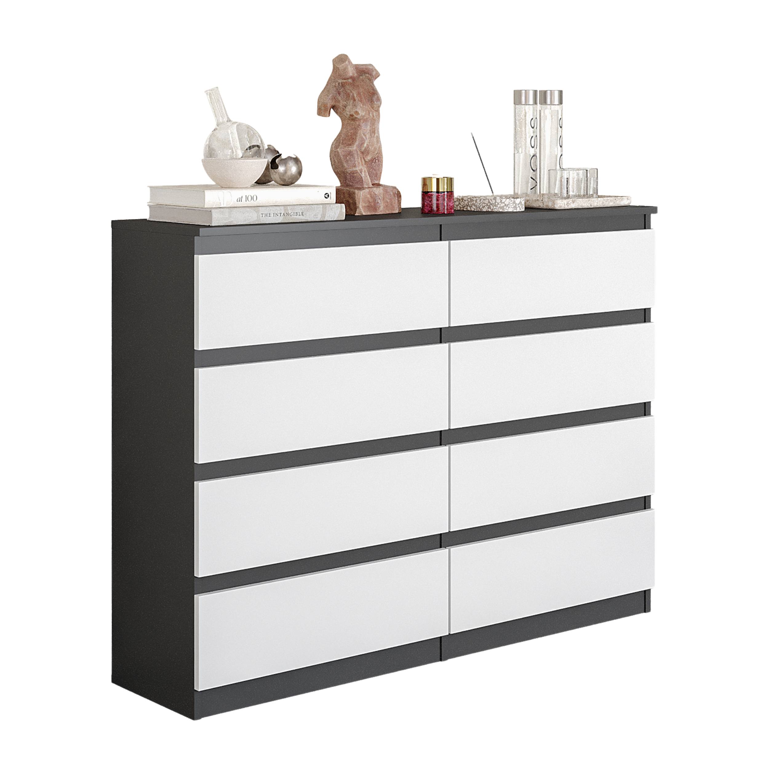 GABRIEL  -  kommode med 8 skuffer  -  antracit / mat hvid  -  H92 cm B120 cm D33 cm