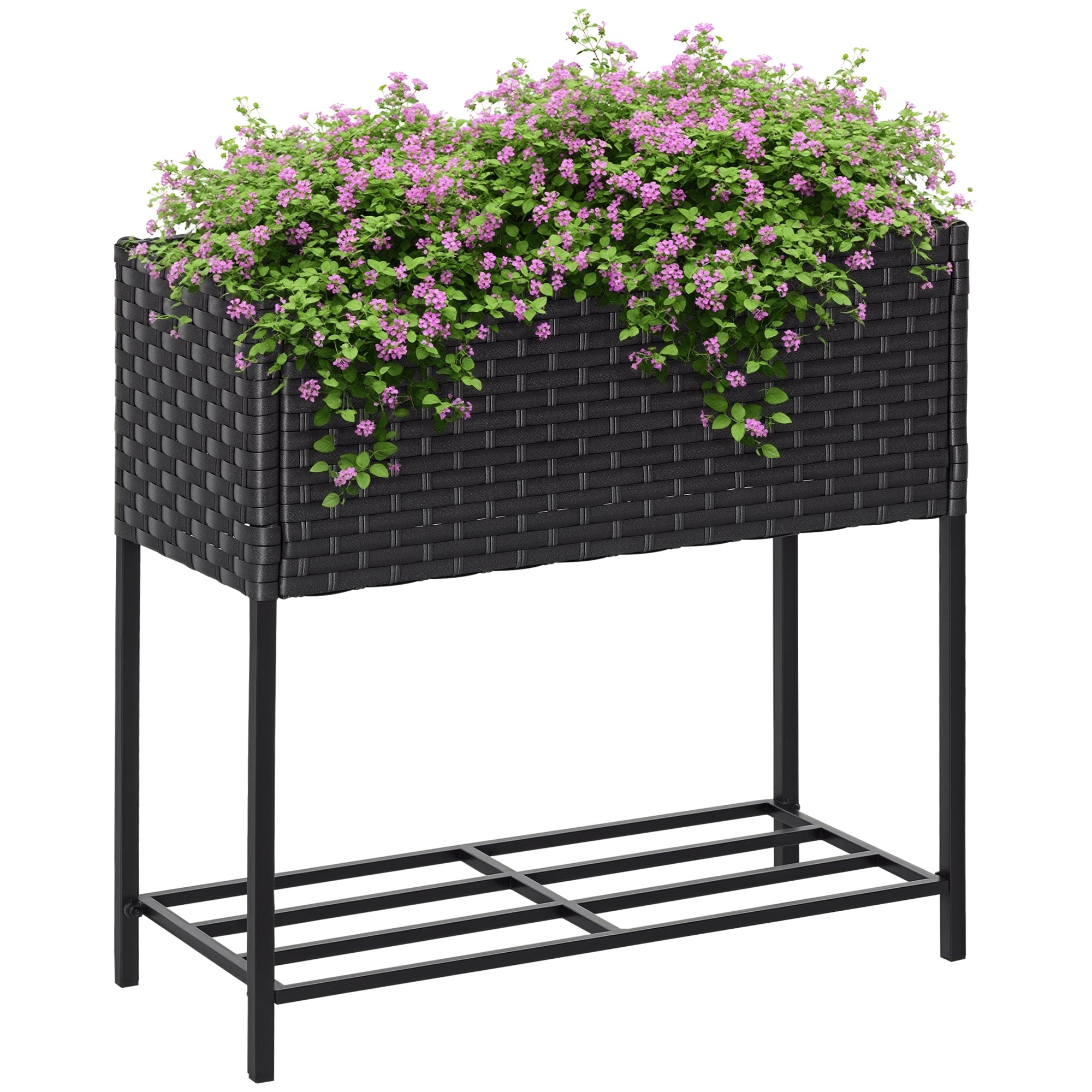 Højbed, blomsterkasse, dyb hylde, metalstel/polyrattan, 70 x 30 x 70 cm, mørkebrun