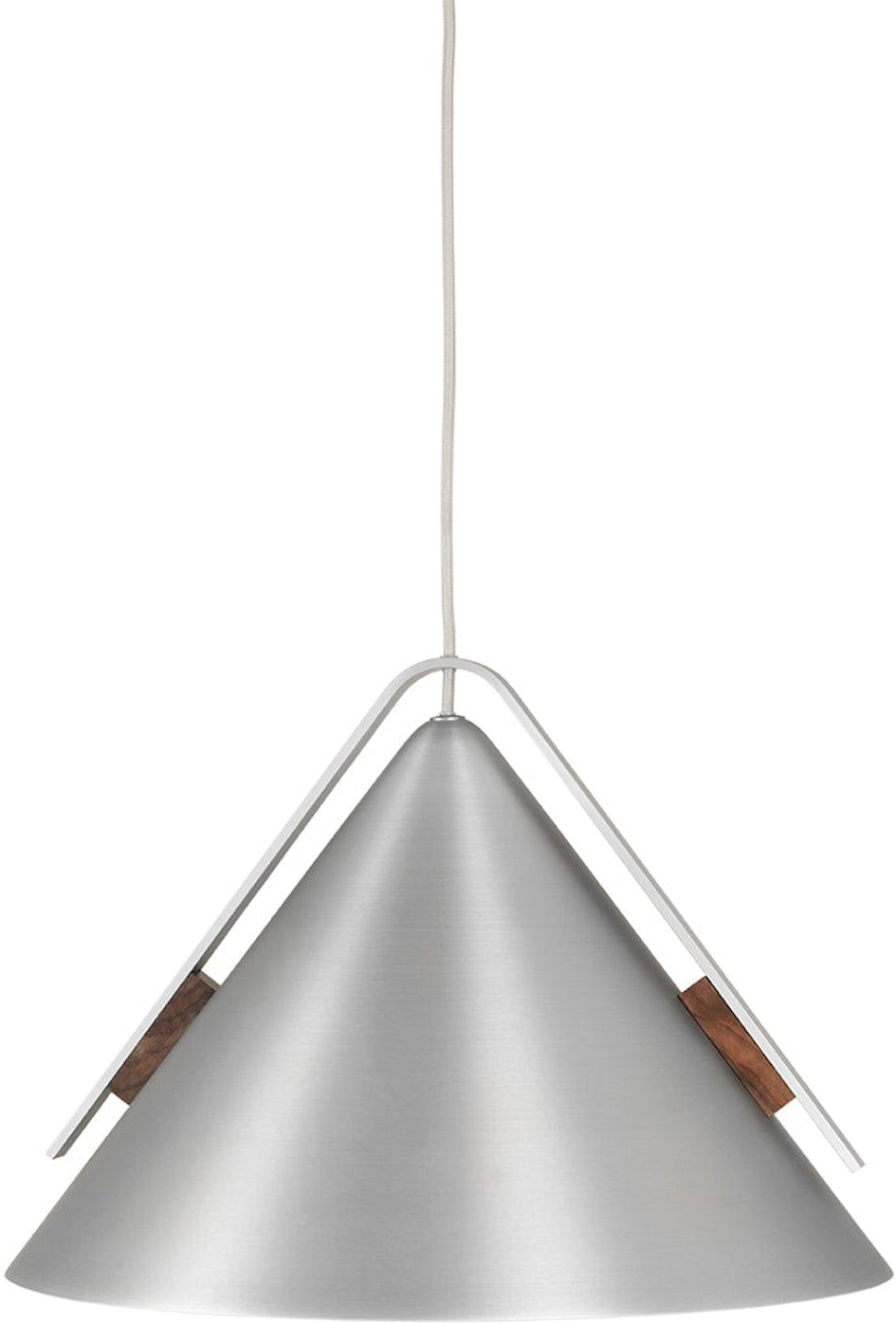 Pendellampe Kristina Dam Cone i børstet aluminium med valnøddetalje Ø40 x H30 cm, sølv