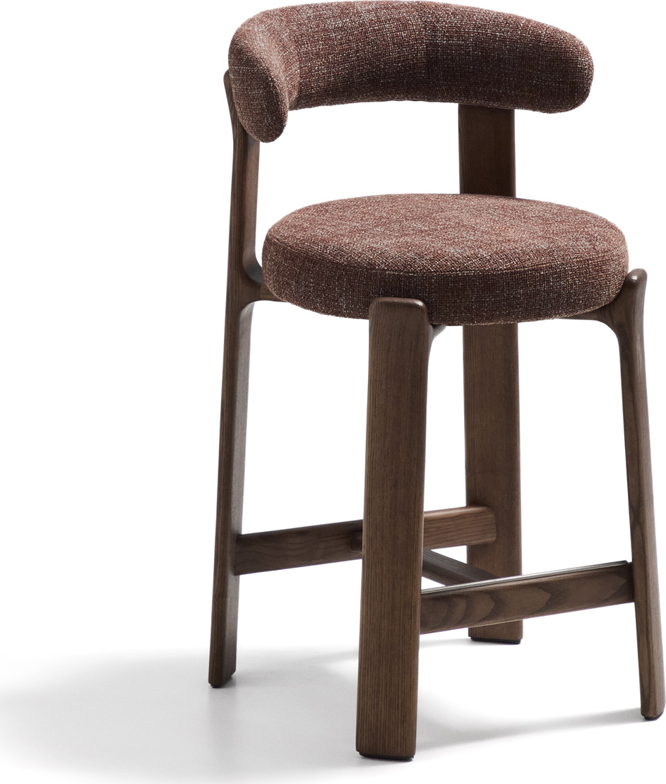 Barstol m. ryglæn Kave Home Granite, brun asketræ og chenille, sædehøjde 65 cm, rustik nordisk