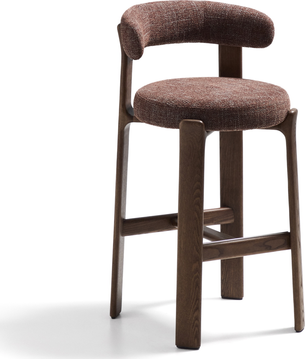 Barstol med ryglæn Kave Home Granite  -  sædehøjde 75 cm, polstret chenille, massivt asketræ, brun
