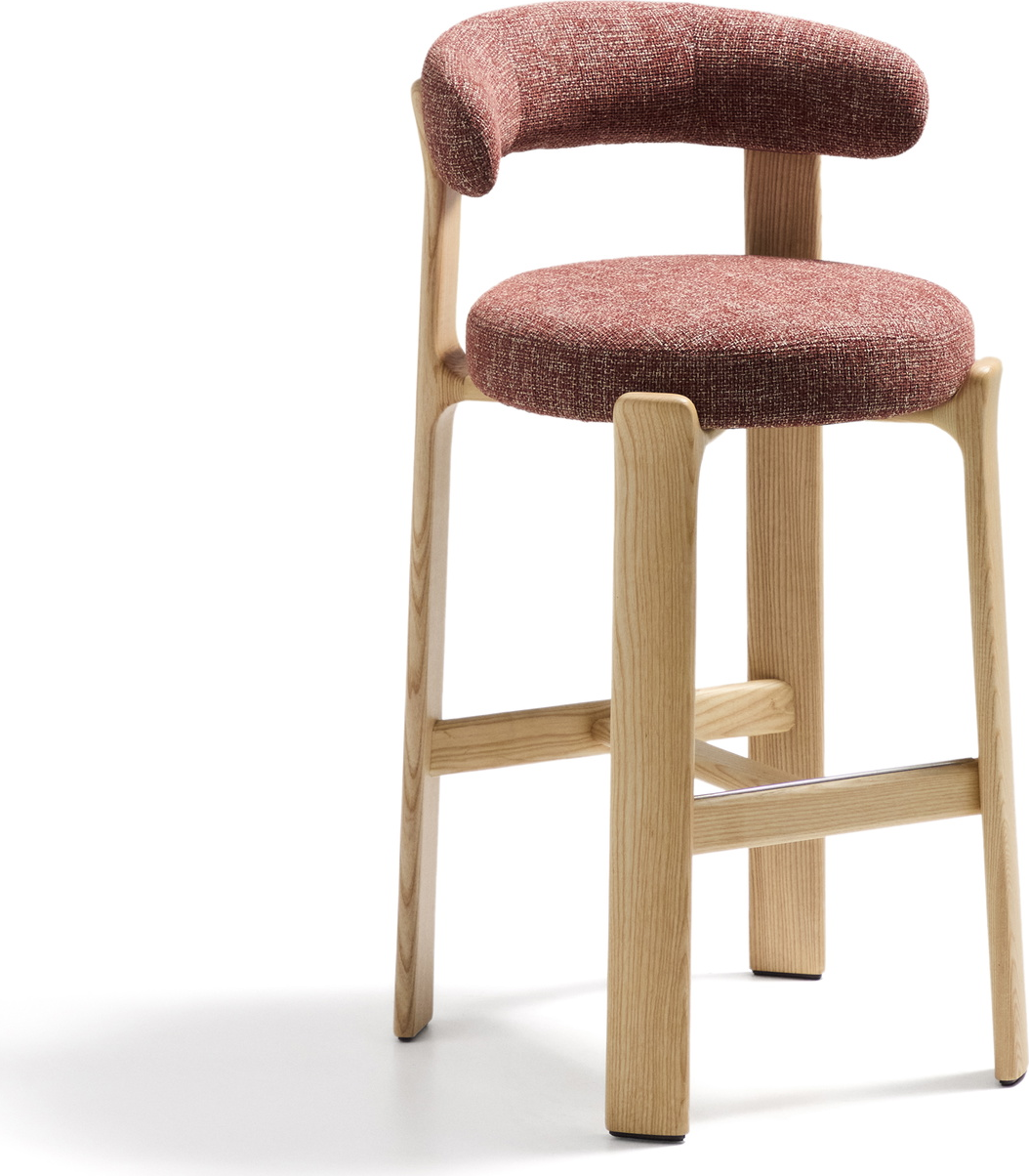 Polstret barstol med ryglæn Kave Home Granite, terracotta chenille, massivt asketræsstel, sædehøjde 75 cm