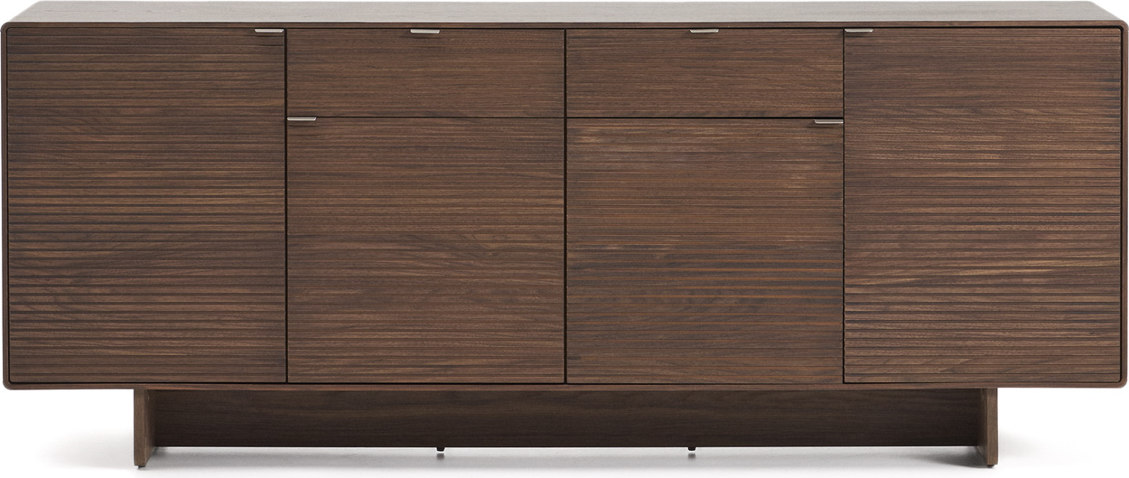 Skænk Kave Home Norlen mørkebrun med valnødsfinér-top, 4 døre, 2 skuffer, 4 justerbare hylder, B194,5ÃH78ÃD45 cm