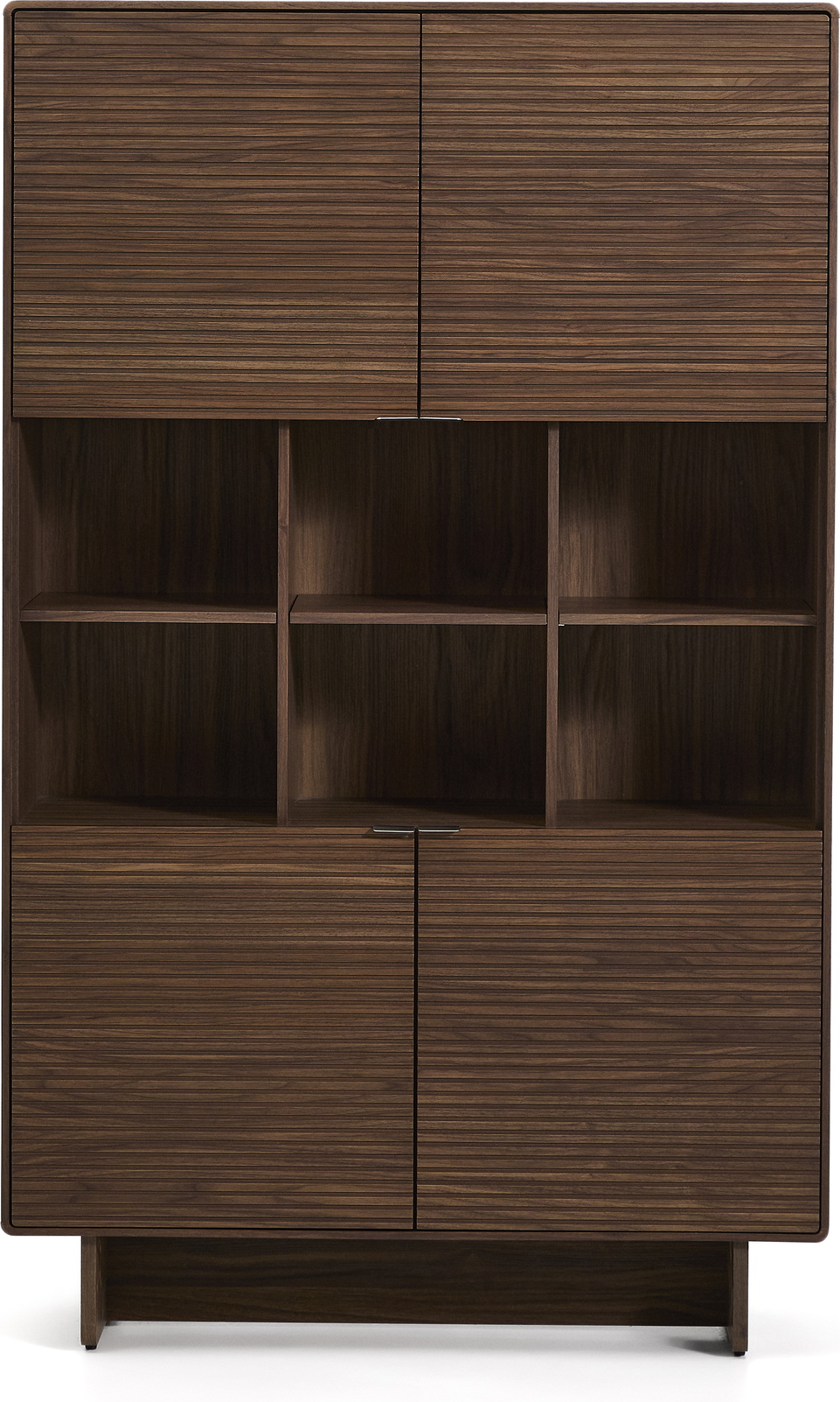 Højskab Kave Home Norlen, mørkebrun valnødsfinér, 4 døre, 7 justerbare hylder, soft-close, H163xB100xD40 cm