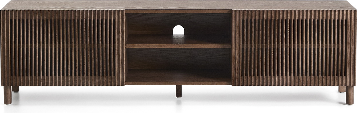 TV-bord/TV-bænk Kave Home Beyla 180 cm mørkebrun - egetræsfinér, lamel-front, 2 døre, justerbare hylder