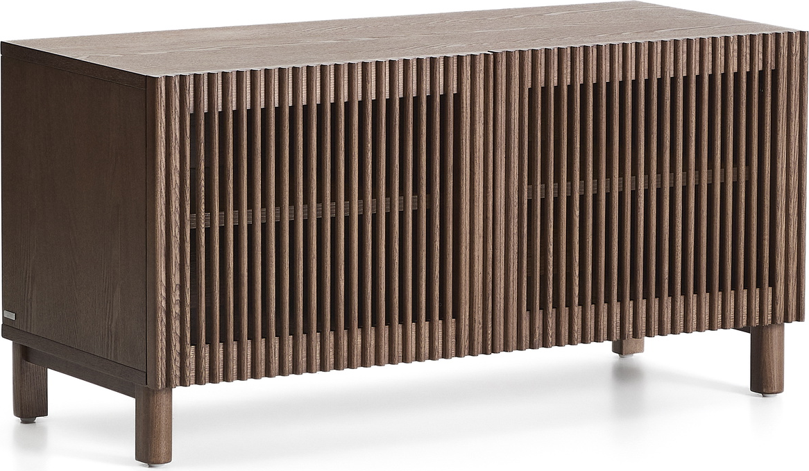 Skoskab Kave Home Beyla, mørkebrun lamelfront, 2 justerbare hylder 8 par, blødlukning, H49,5ÃB98ÃD42,5 cm