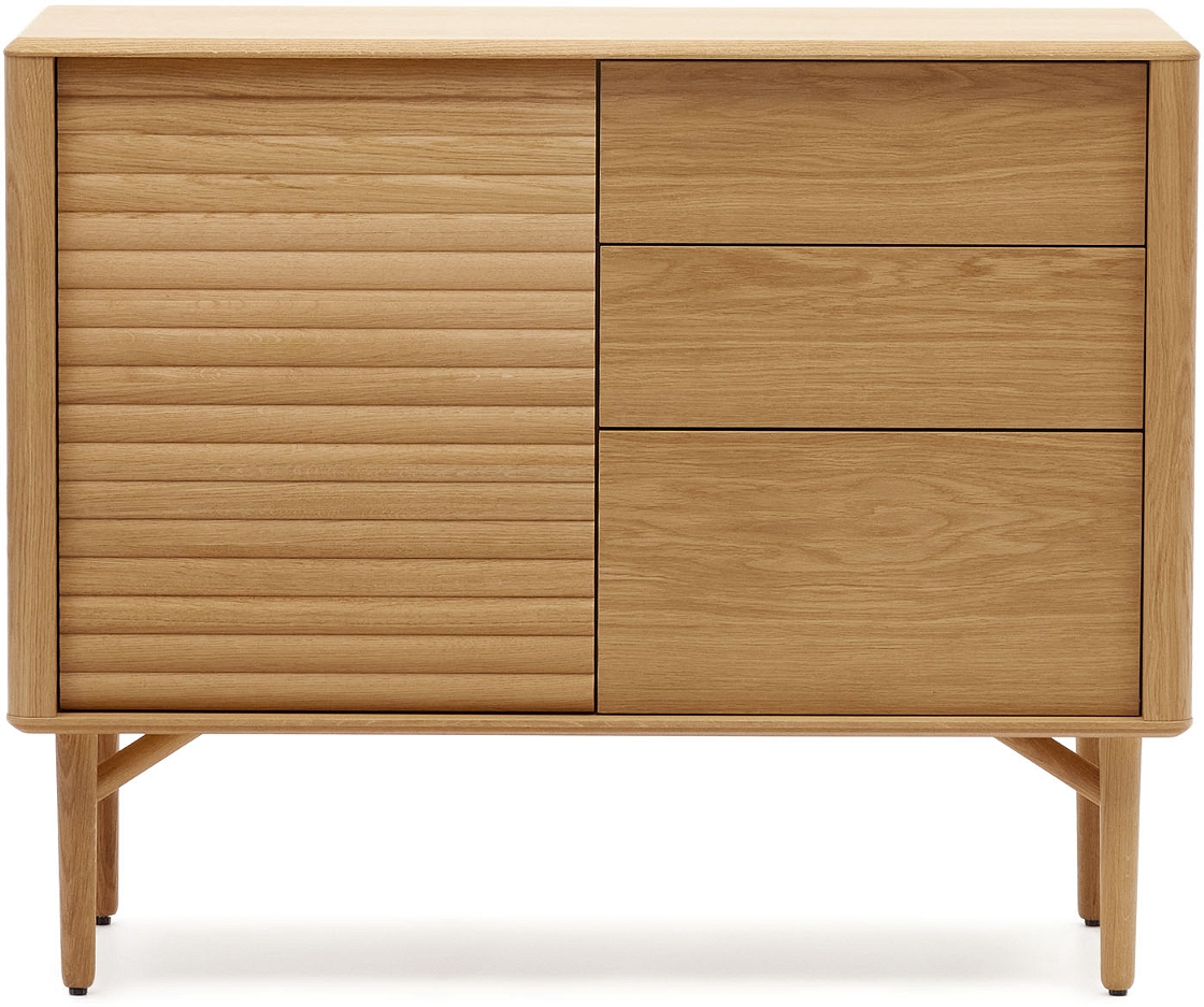 Skænk Kave Home Lenon i massiv eg & eg finér natur - moderne nordisk design med 1 låge og 3 skuffer