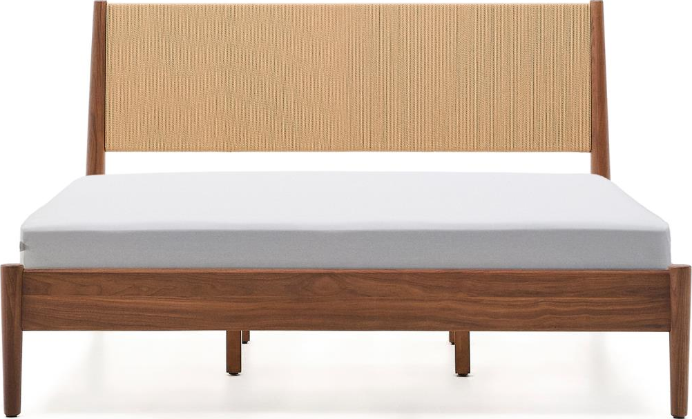 Sengeramme dobbeltseng Kave Home Elan 160 cm, mørk natur træ, valnøddeben, inkl. sengebund og sengegavl
