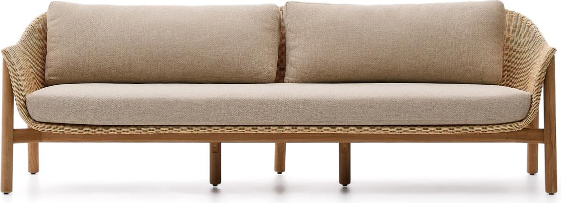Udendørs 3-personers havesofa Kave Home Galea beige 223 cm bred med teaktræ og syntetisk rattan
