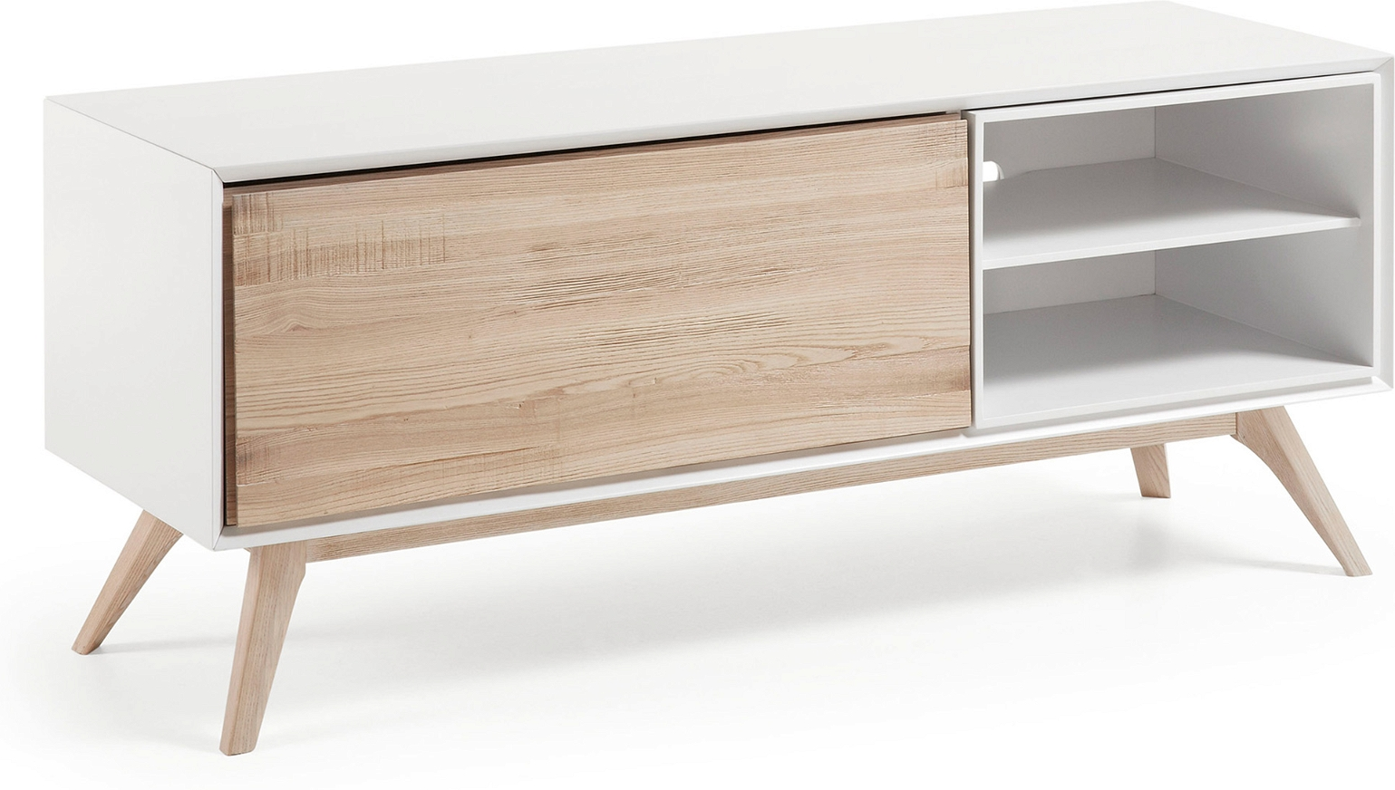 TV-bord Kave Home Eunice, hvid/natur MDF & asketræ, skandinavisk design, 134x45x56 cm