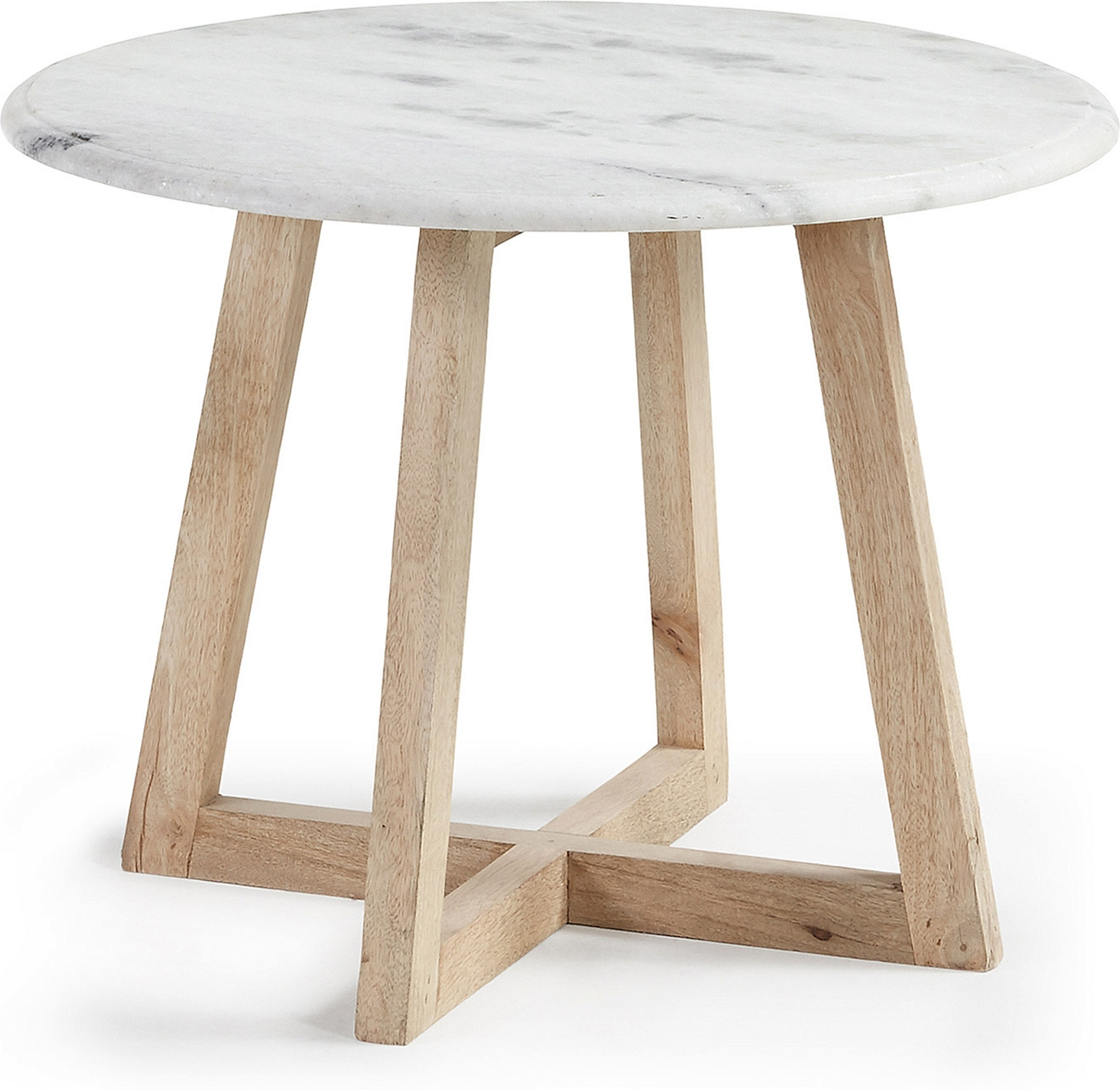 Sidebord småbord Kave Home Haylo, marmor bordplade, mangotræsben, 50x50 H35 cm, natur/hvid