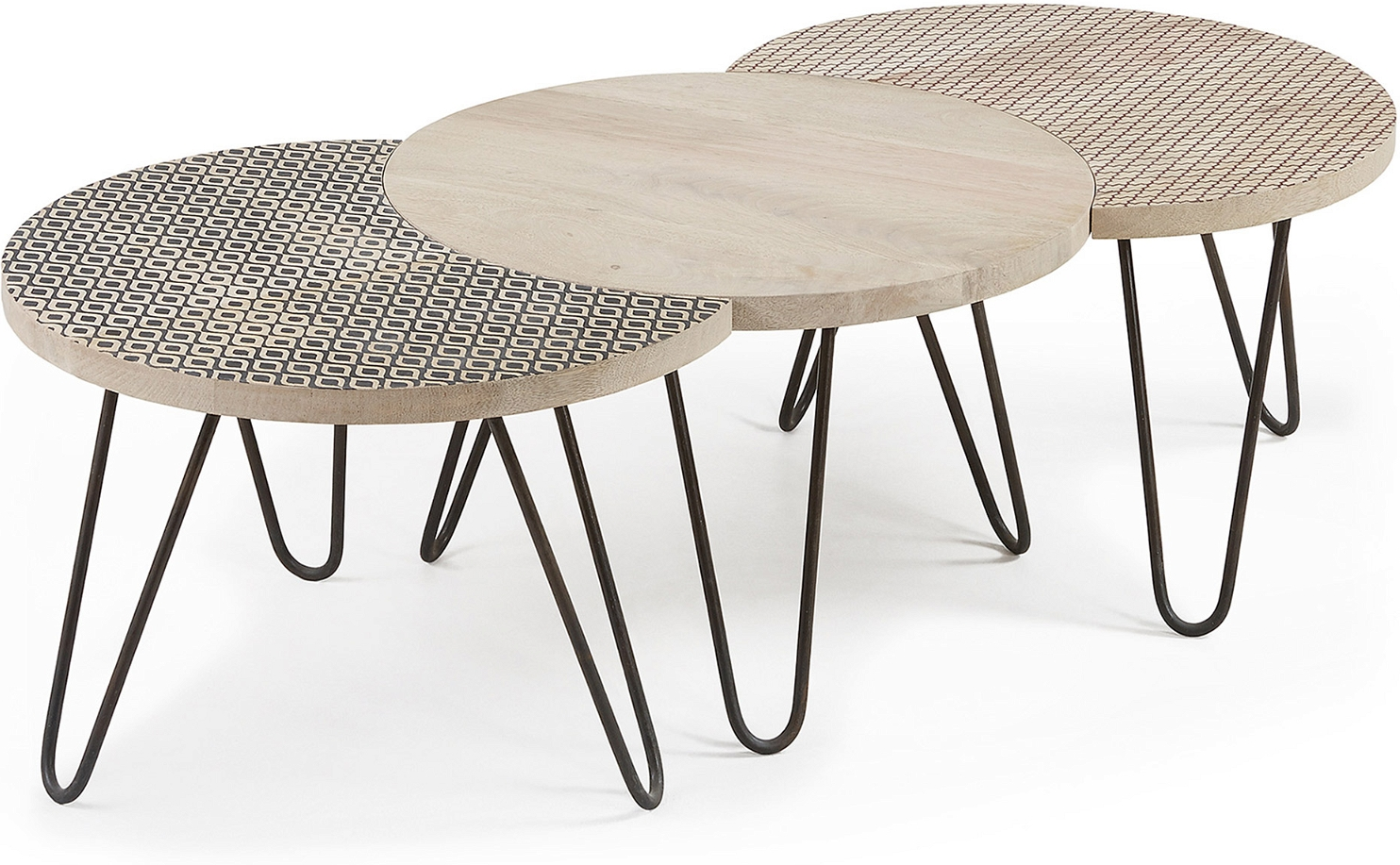 Sofabord kaffebord Kave Home Houp - mangotræ bordplade & sort pulverlakeret stålben, 134x61x39,5 cm