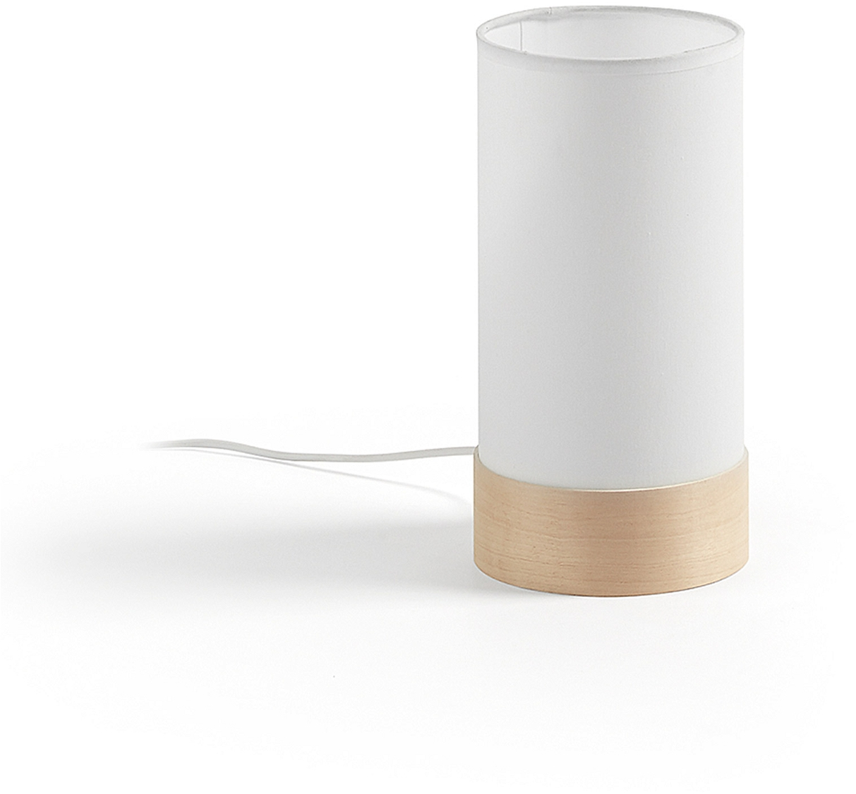 Bordlampe Kave Home Slat  -  nordisk sengebordslampe i hvidt bomuldsstof & massivt bøgetræ, H26ÃØ13 cm