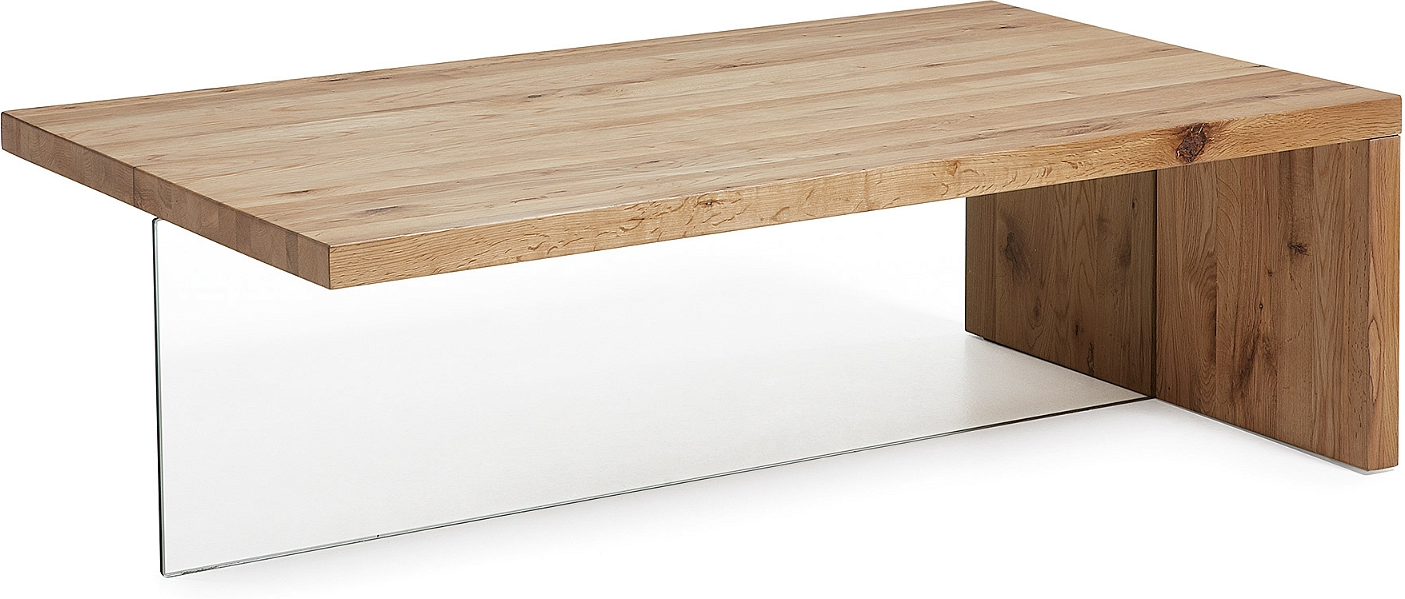 Sofabord loungebord Kave Home Tulsi massivt egetræ og hærdet glas natur/klar 120Ã70Ã38 cm