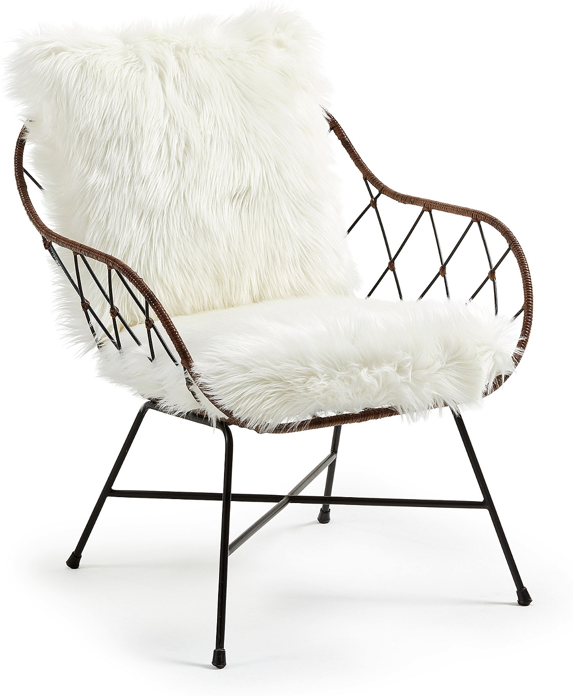 Lænestol Kave Home Claren hvid/natur metal med rattan og aftageligt hvidt betræk vintage kolonial stil