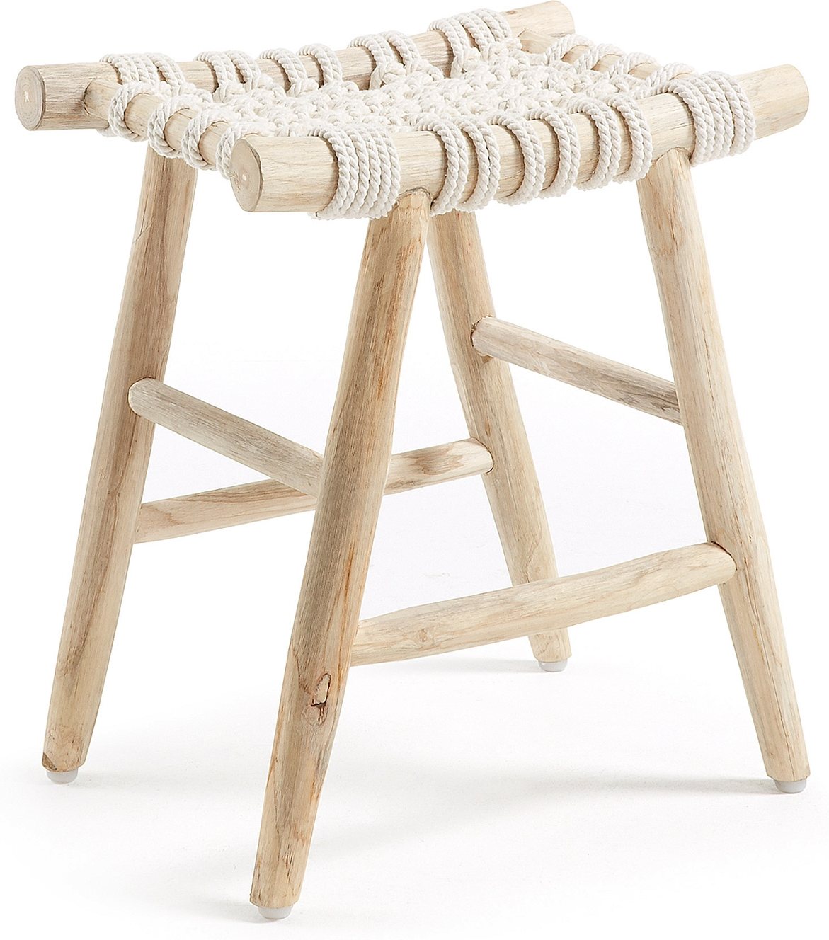 Taburet Kave Home Edgard rustik teak & bomuldsreb natur/hvid 45x32x45 cm