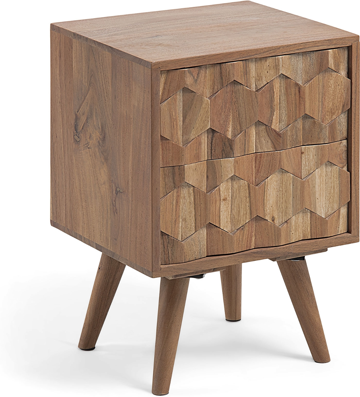 Sengebord Kave Home Khaleesi i massivt akacietræ med udskæringer rustik moderne natbord H55xB35xL40 cm