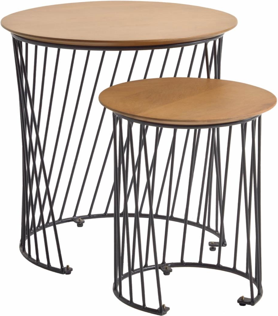Sidebordssæt Kave Home Leska  -  2 indlejringsborde i massivt mangotræ og mat sort metal Ø50/45 cm