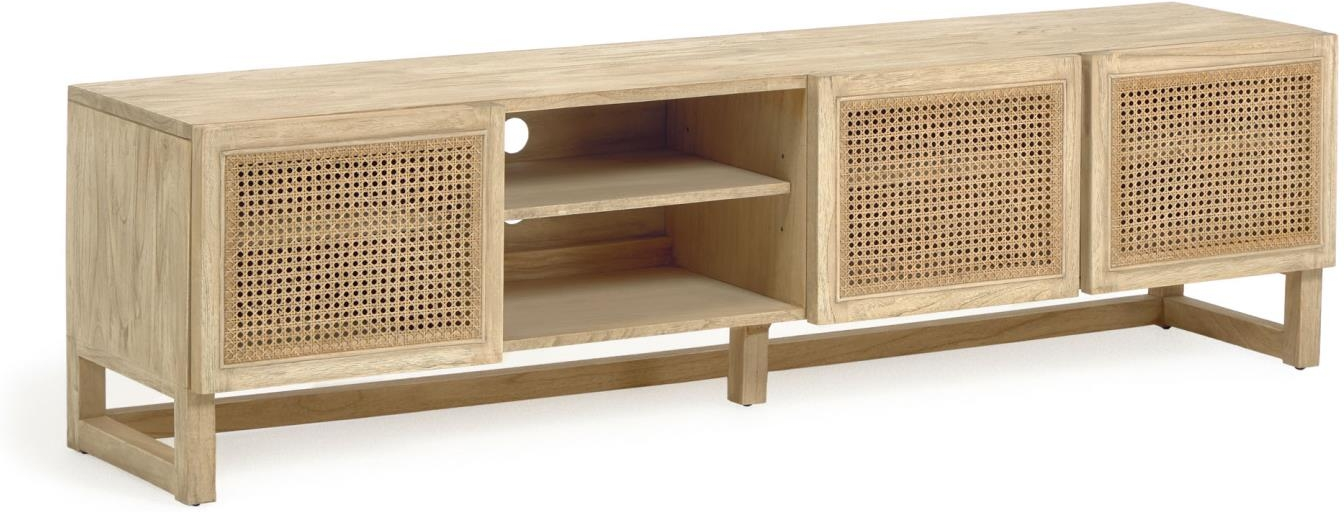 TV-bord Kave Home Rexit rustik 180 cm i massivt mindi træ med flettet rattanfront