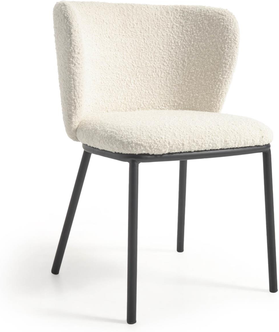 Spisebordsstol Kave Home Ciselia polstret, hvid fleece-effekt stof, sort stålstel, nordisk stil