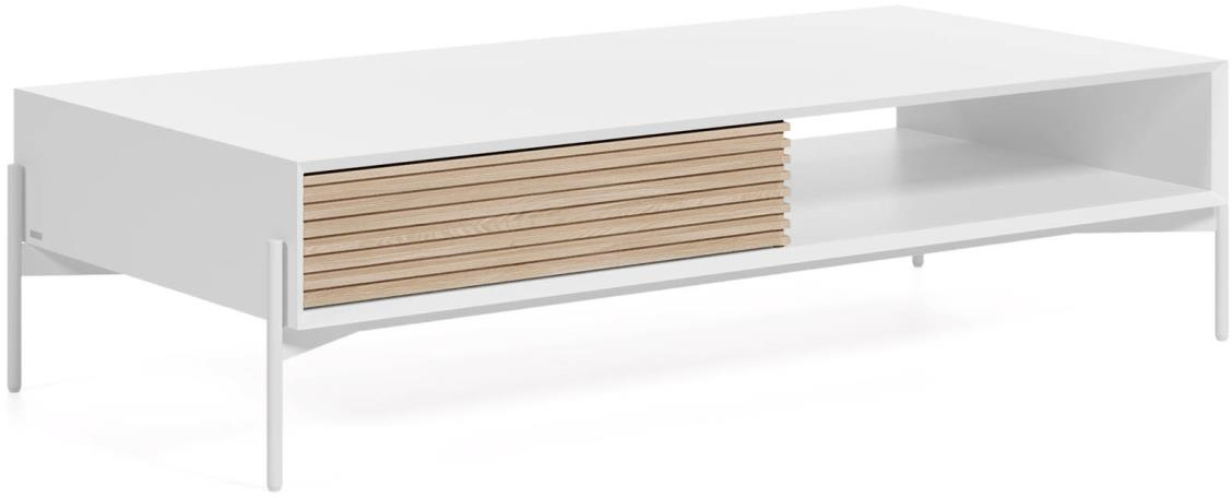 Kave Home kaffebord Marielle  -  Moderne nordisk sofabord i hvid og naturtræ, 124Ã60Ã37 cm