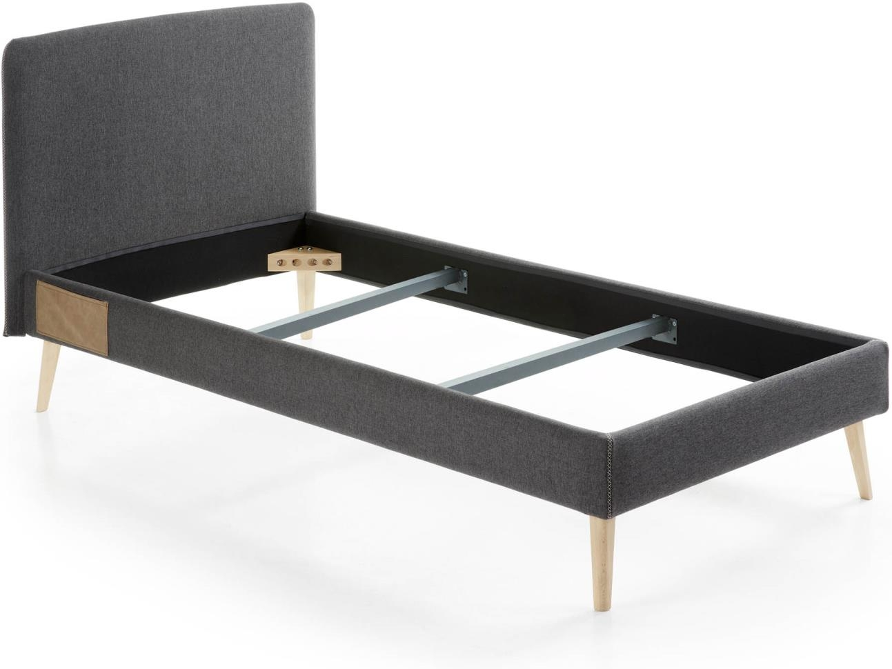 Sengeramme til enkeltseng Kave Home Dyla sort stof 90x190 cm med polstret hovedgavl