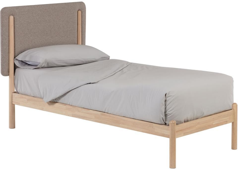 Enkeltseng Kave Home Shayndel med polstret pletresistent hovedgærde grå natur robust gummitræramme til 90x190 cm