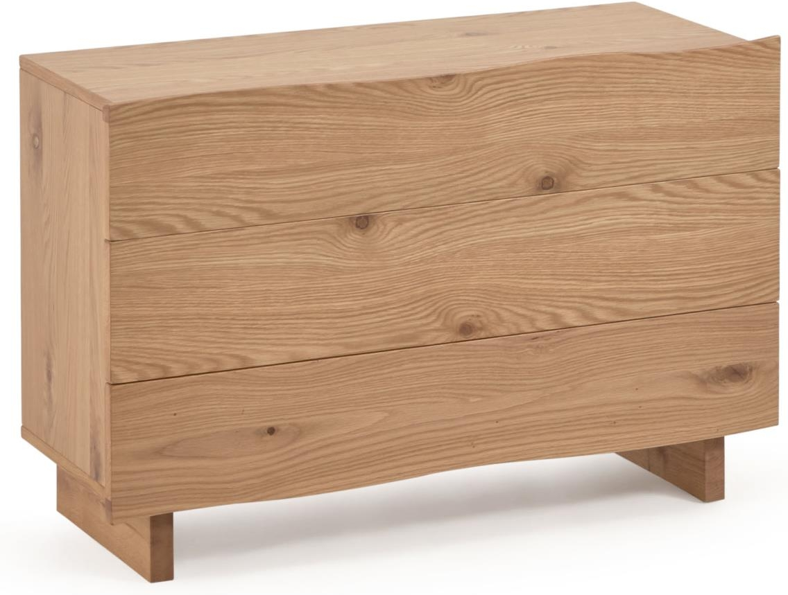 Kommode Rasha fra Kave Home  -  rustik kolonial naturfinér, 3 skuffer, H73ÃB104ÃD41 cm