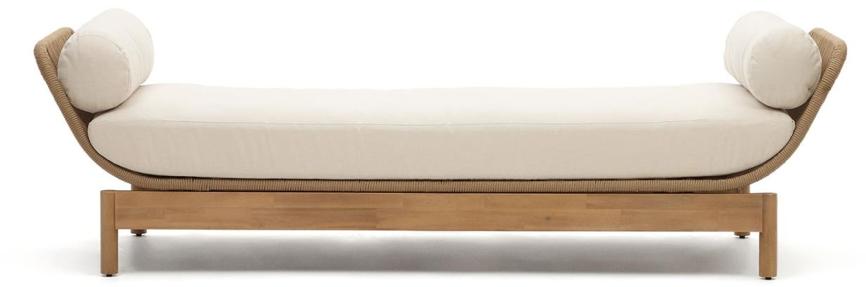 Udendørs solseng liggestol Kave Home Catalina tropisk design natur FSC-certificeret massiv akacietræ håndvævet polyester med aftagelige betræk