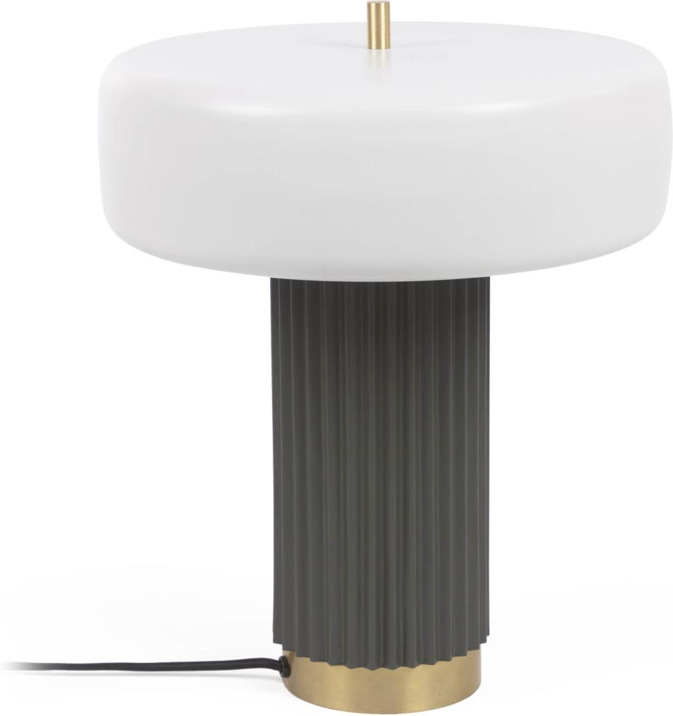 Bordlampe Kave Home Serenella  -  nordisk vintage metallampe, hvid/grøn med messingdetaljer, E27 LED 40W, H37,5 x Ø30 cm