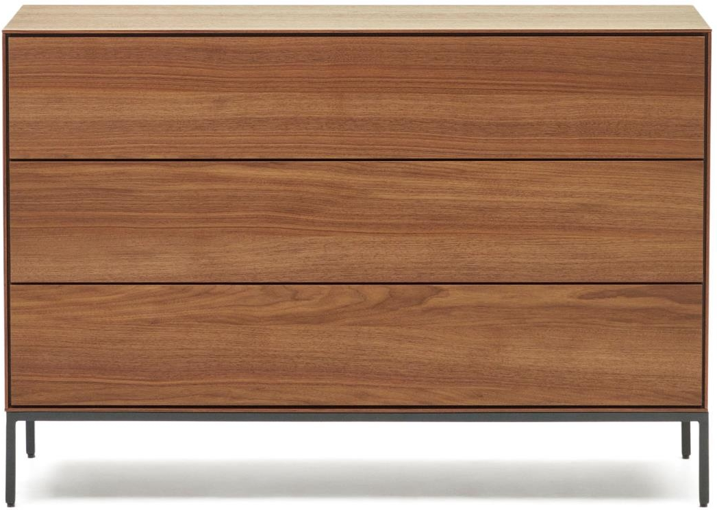 Kave Home Vedrana kommode push-to-open 3 skuffer i valnøddefinér & antracit stål H75xB110xD40 cm mørk natur/sort