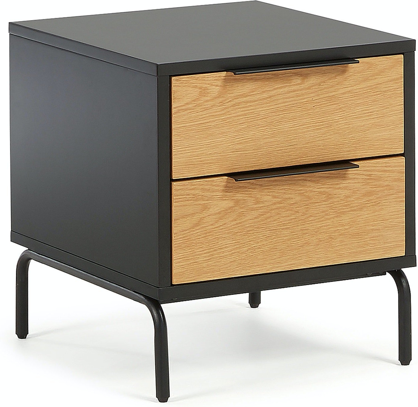 Sengebord Kave Home Stellar, mat sort MDF med egetræsfinér og sort metalben, H50 Ã B42 Ã L45 cm
