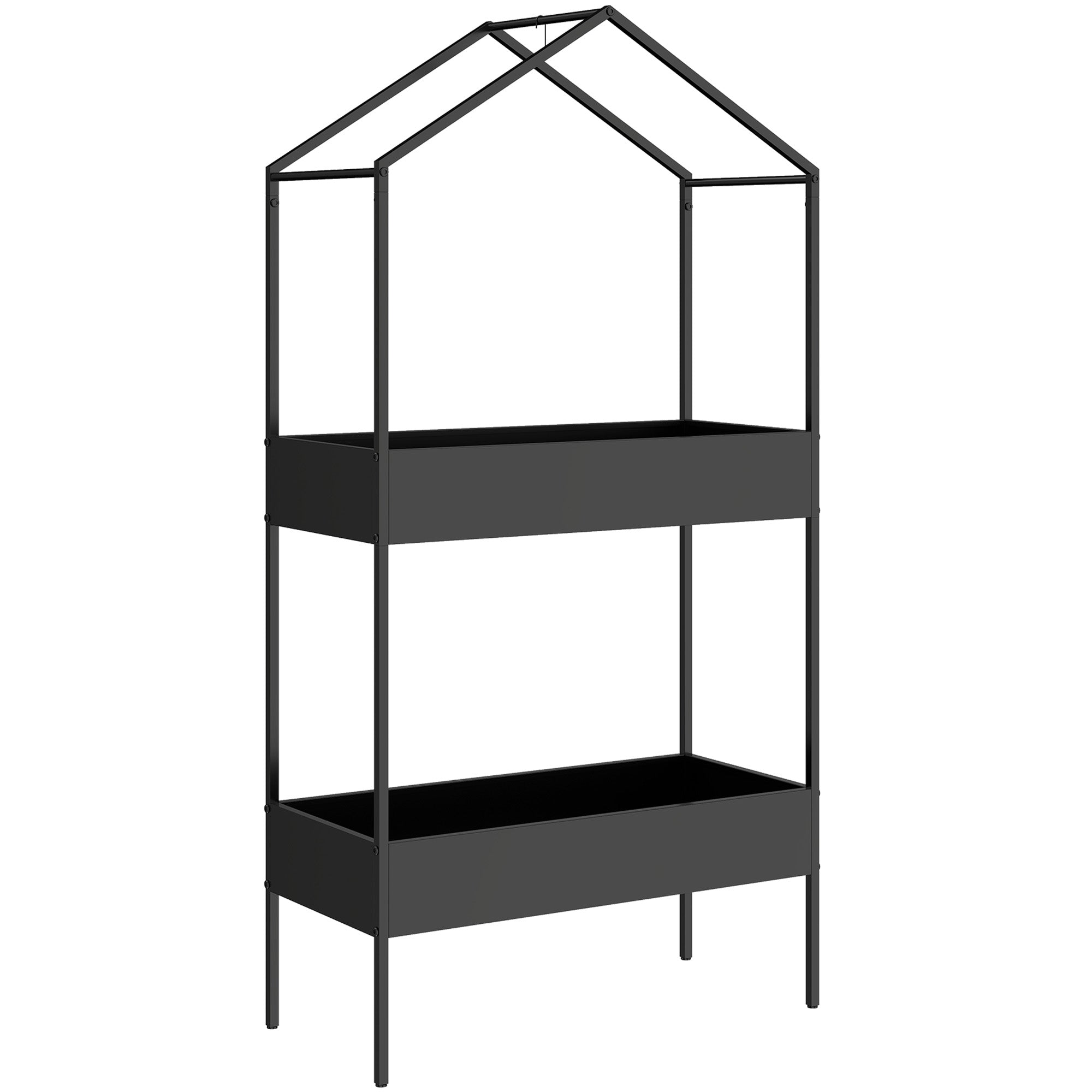 2-etagers husformet plantestativ, 150 cm højt, blomsterstativ med kroge, metal, sort