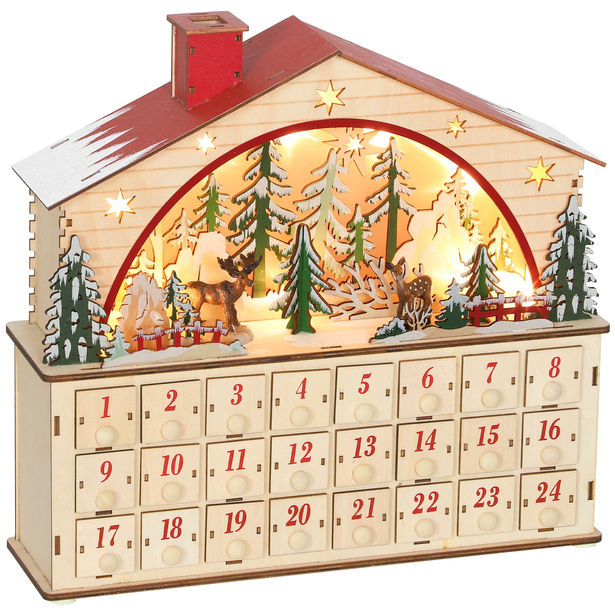 Adventskalender til udfyldning, 24 skuffer og rum, julekalender med LED-lys, naturtræ, 36 x 10 x 34 cm