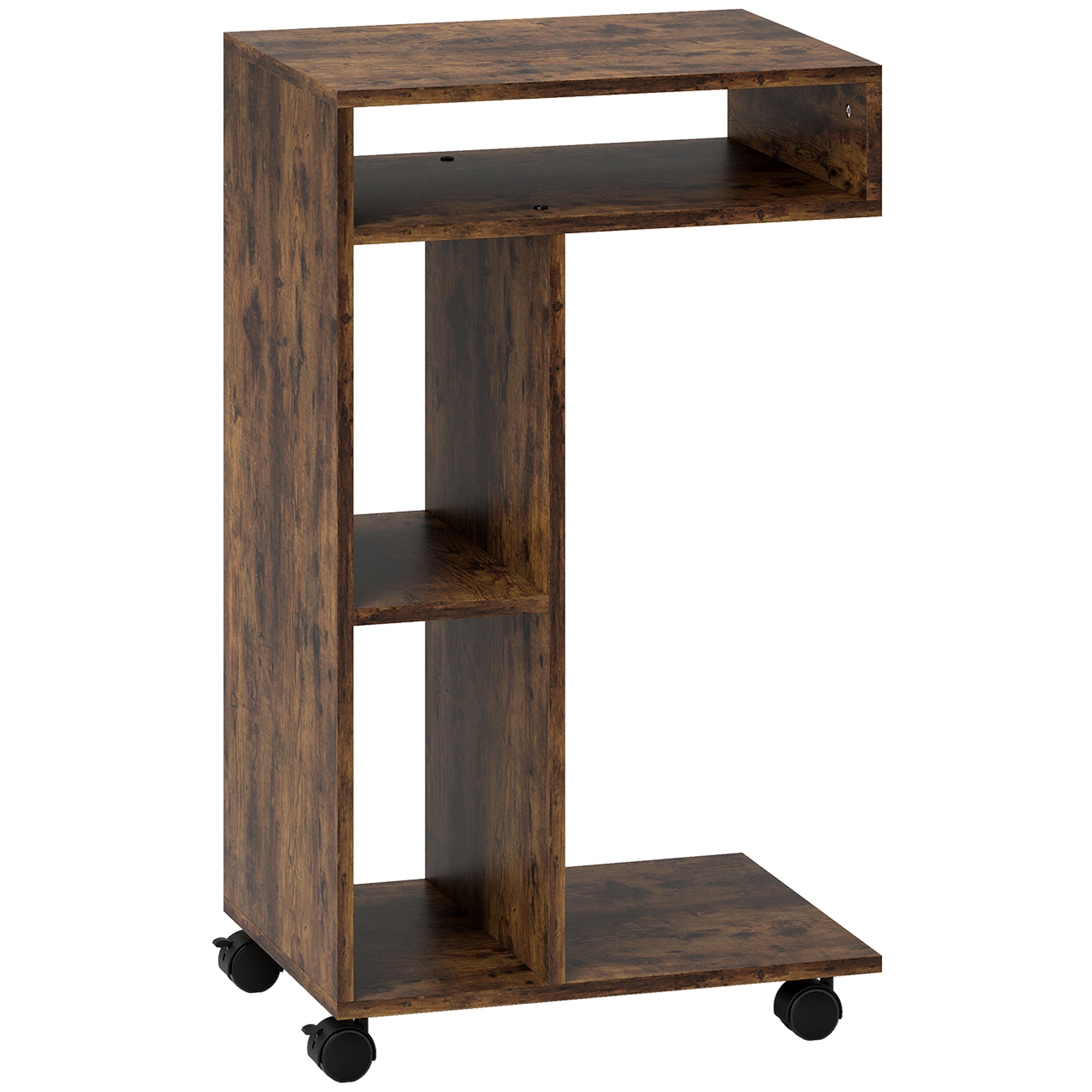 Sidebord, C-formet serveringsvogn, 4 hjul, 3 rum, 40 x 30 x 69 cm, rustik brun