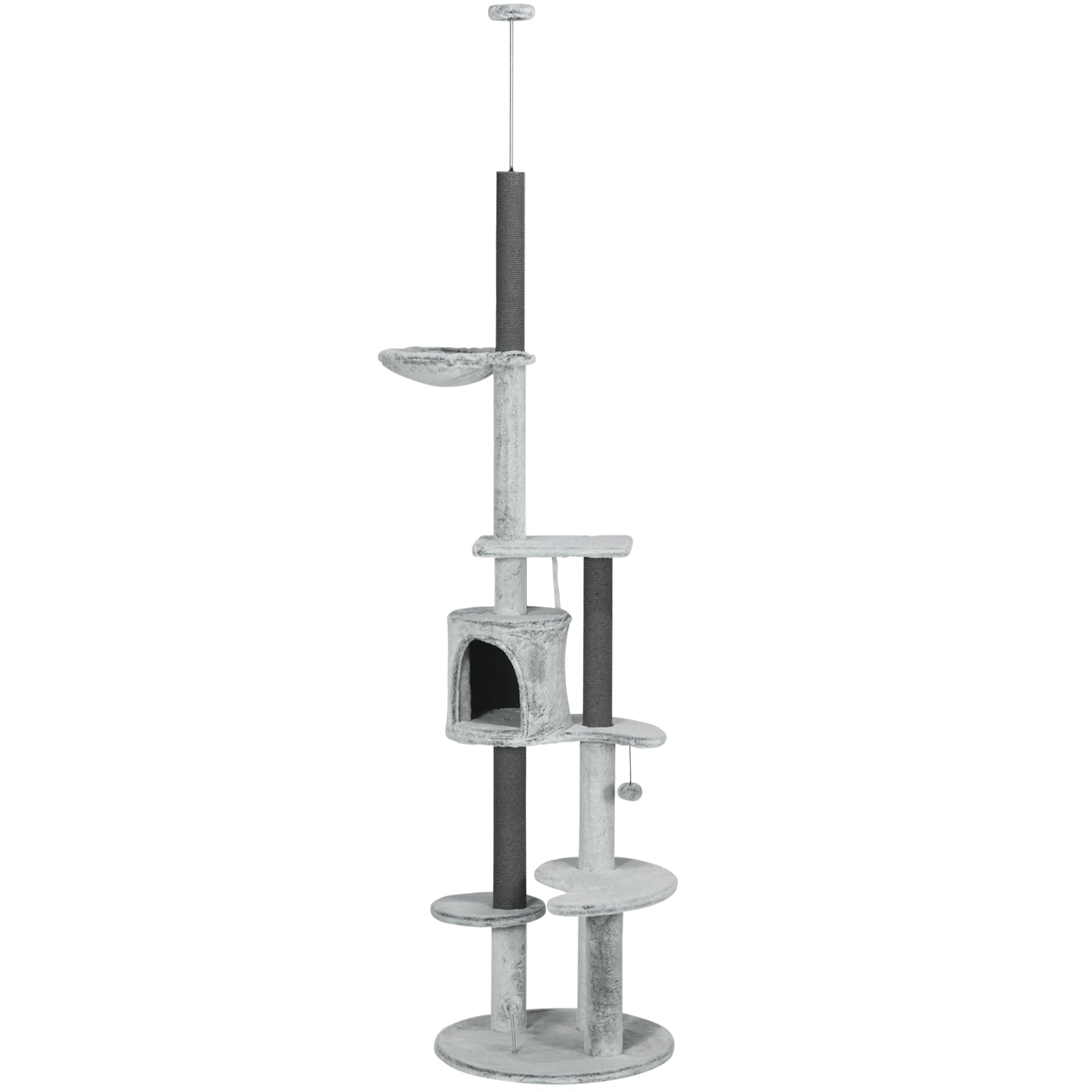 Kradsetræ med loftstrammer, hængekøje, hus, platforme, legebold, 225-255 cm, grå