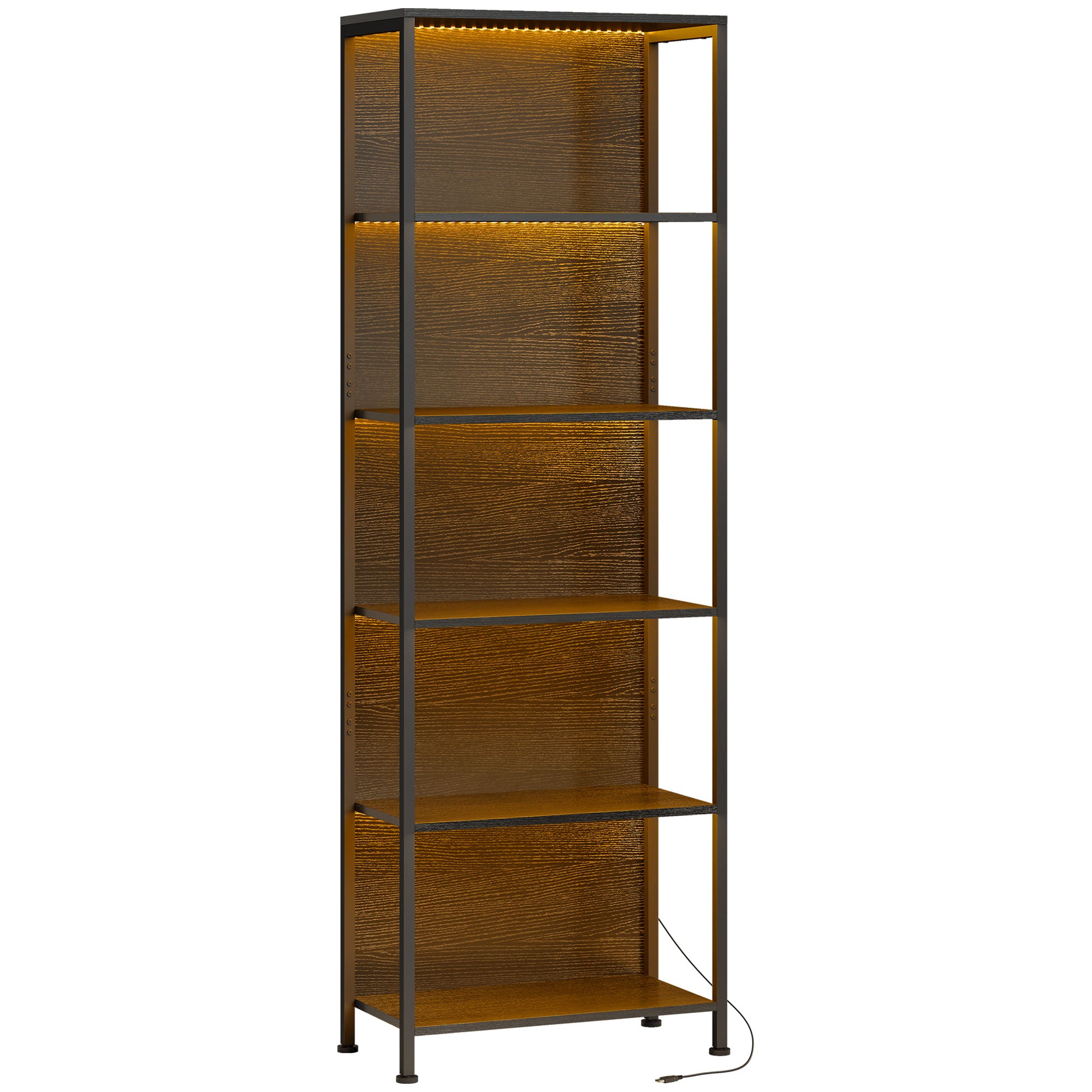 5-etagers bogreol med LED-belysning, 7 lysfarver, til stue, 60 x 30 x 179 cm, sort