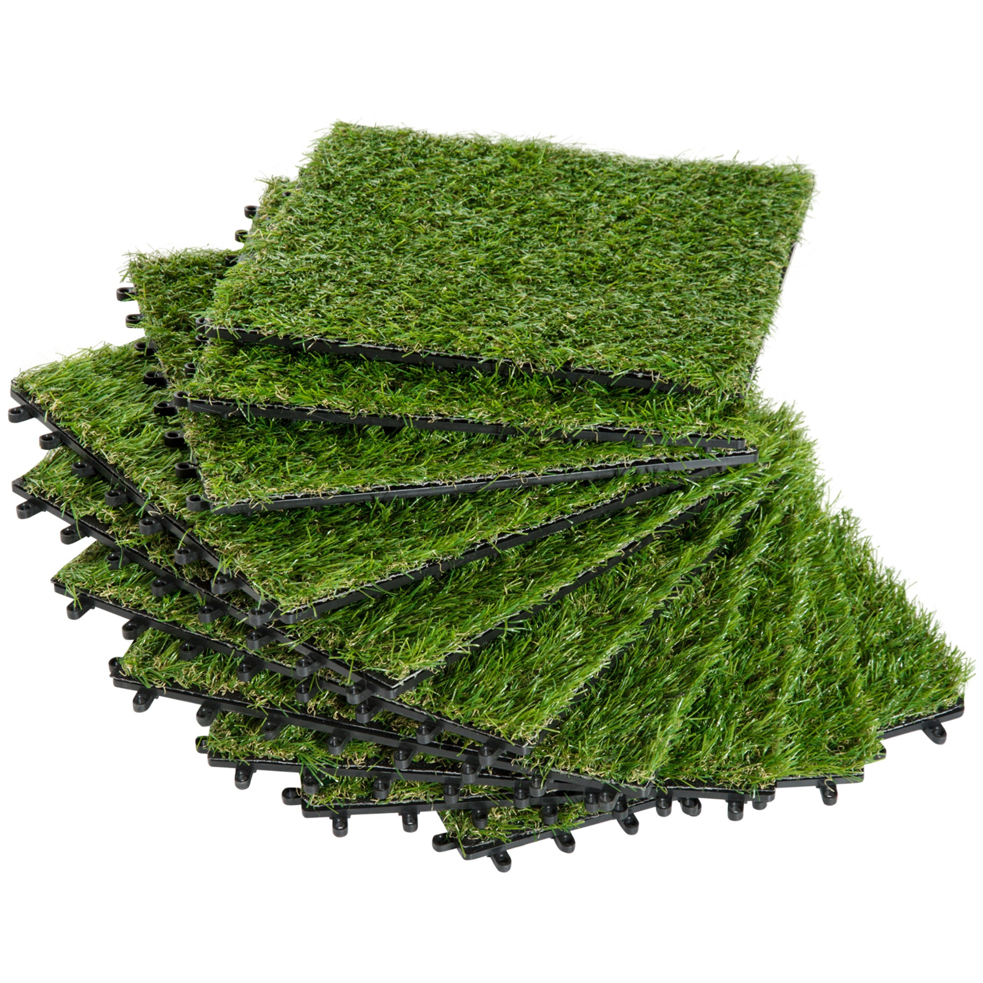 Kunstgræs, naturtro, dræningsfunktion, 6,5 fibre/m², 25 mm højde, sæt med 10 dele, hver 30x30 cm, grøn