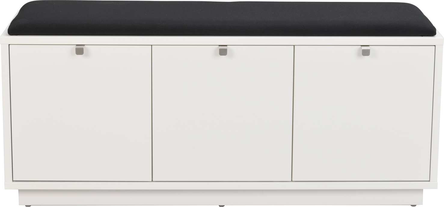Entrébænk Rowico Confetti hvid/sort med 3 skjulte skuffer, lakeret MDF og sort Optex Notice I stofsæde H45ÃB106ÃD35 cm