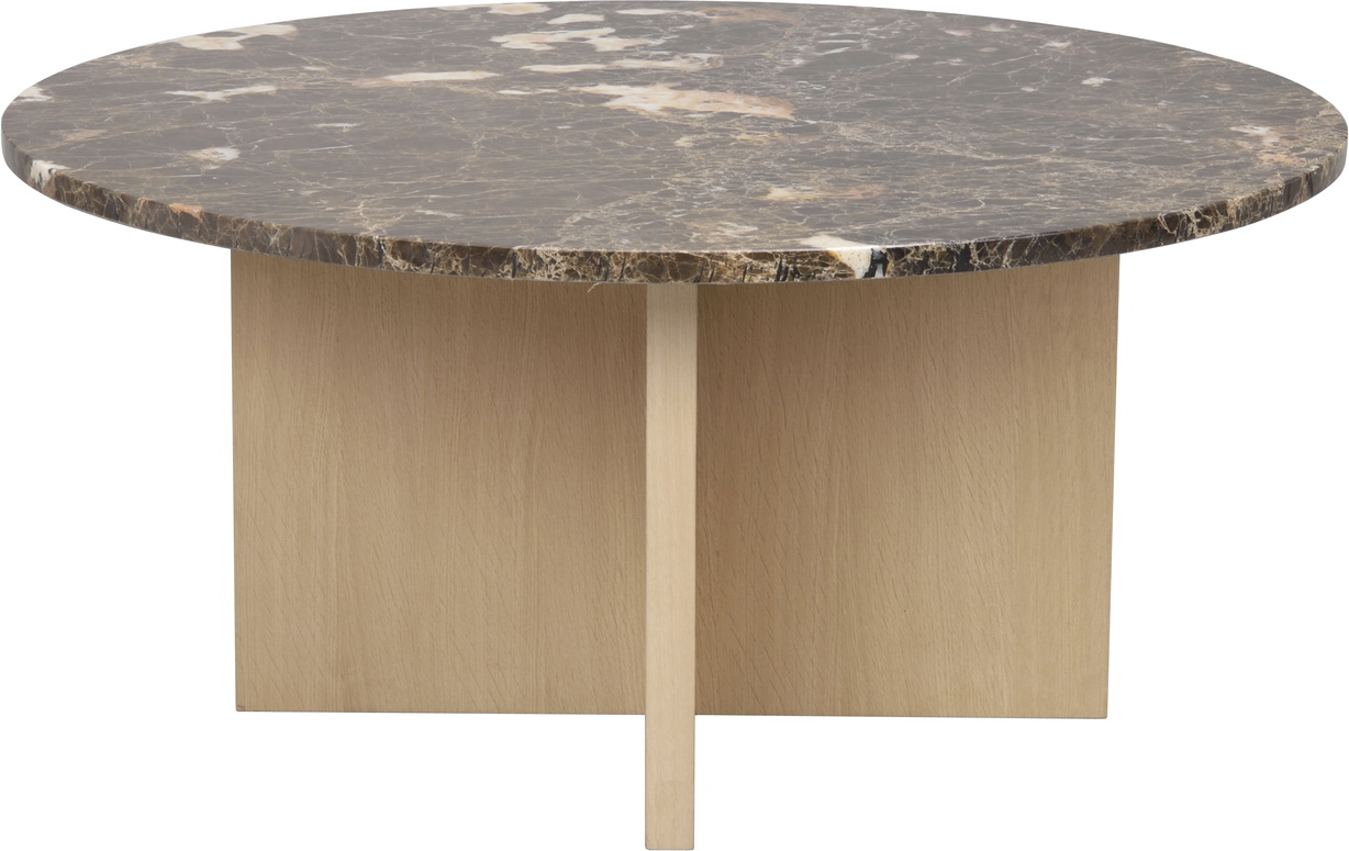 Sofabord Rowico Brooksville rund Ø90 x H42 cm Emperador-marmor brun med hvidvaskede egetræsben FSC-mix