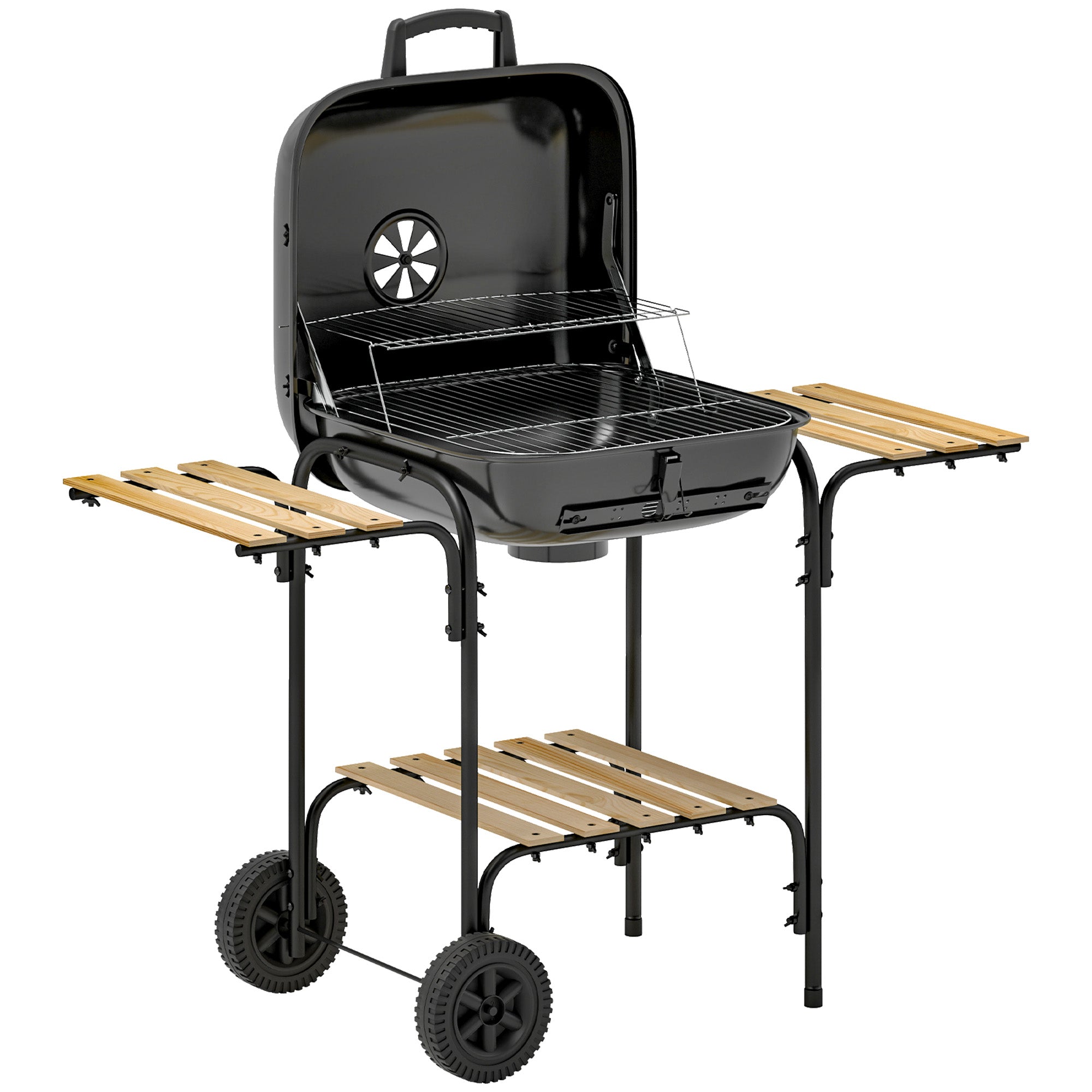 Kulgrill af stål, grillvogn med aflåseligt låg, grillrist, hjul, håndtag, træhylde, 98 x 54 x 91 cm, sort