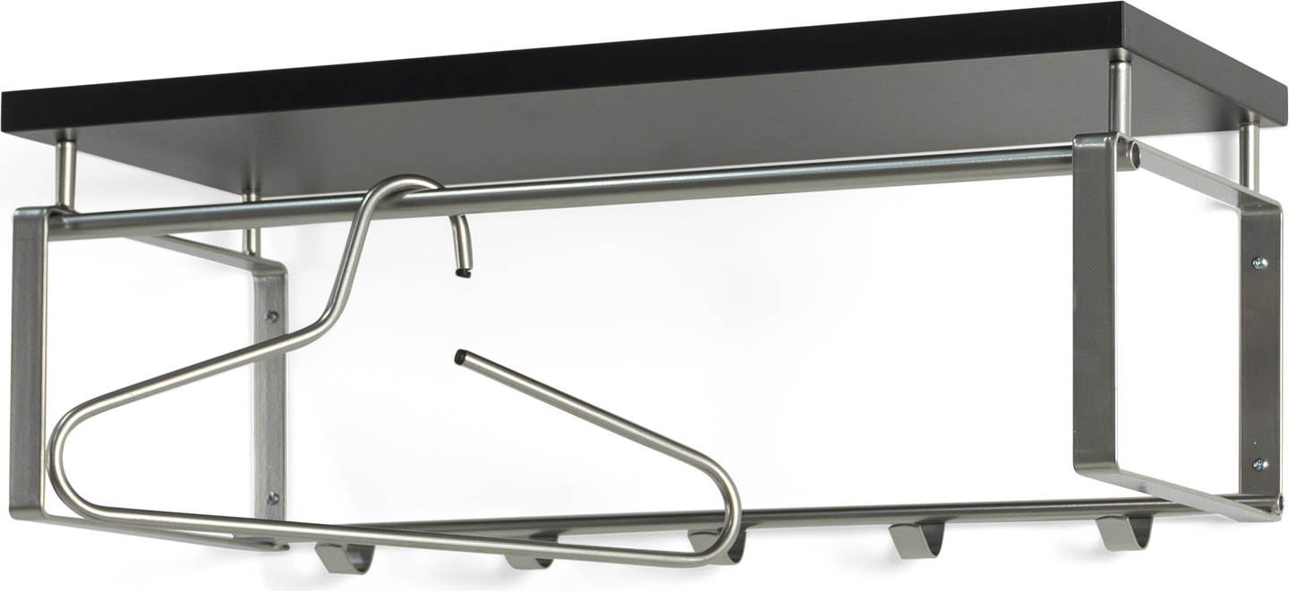 Entréknagerække med hattehylde Spinder Design Rex i nikkelfarvet stål og sort melamin H28 x B70 x D29 cm