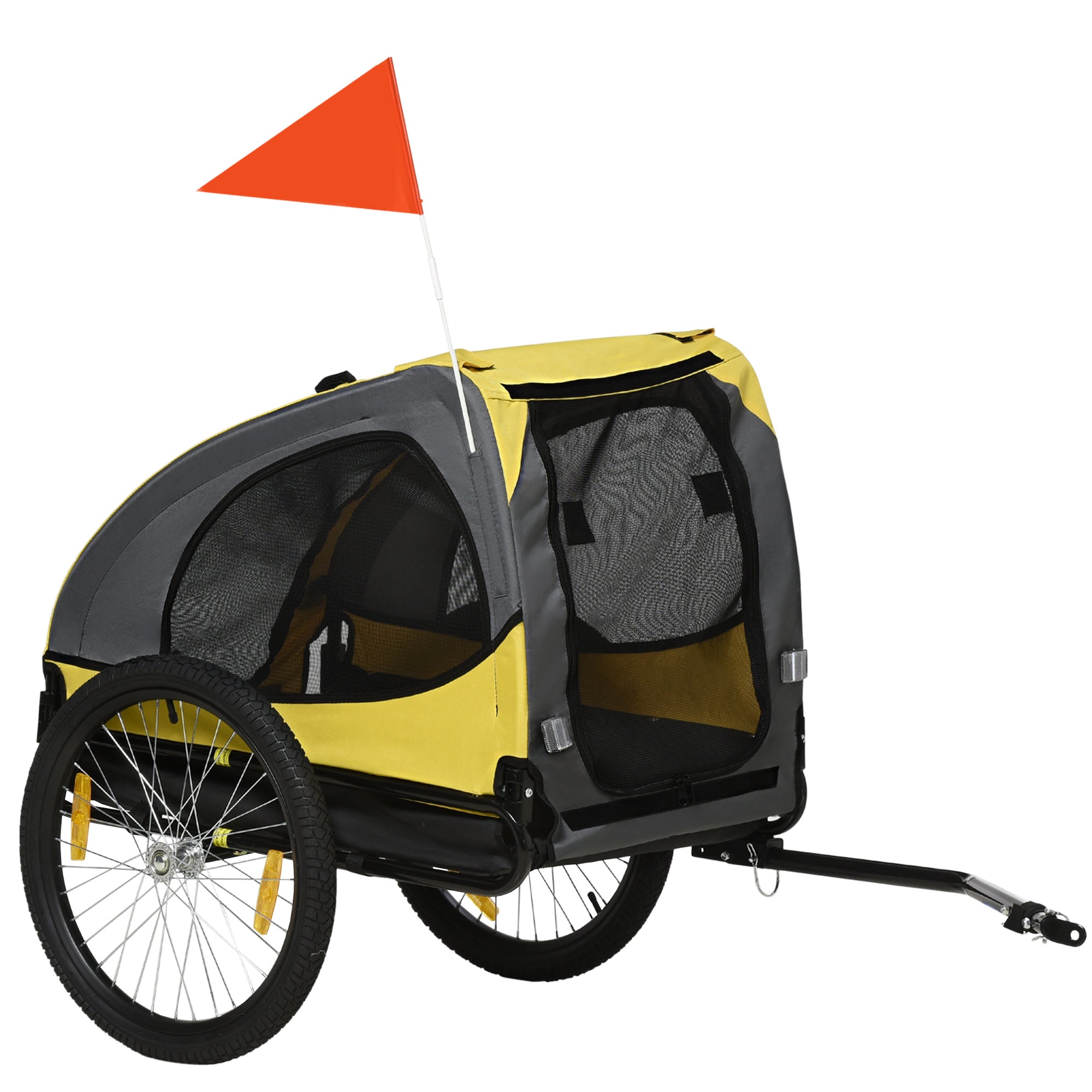 Hundetrailer op til 20 kg, netvindue, rulleovertræk, universalkobling, stålramme, gul, 140 x 71 x 83 cm