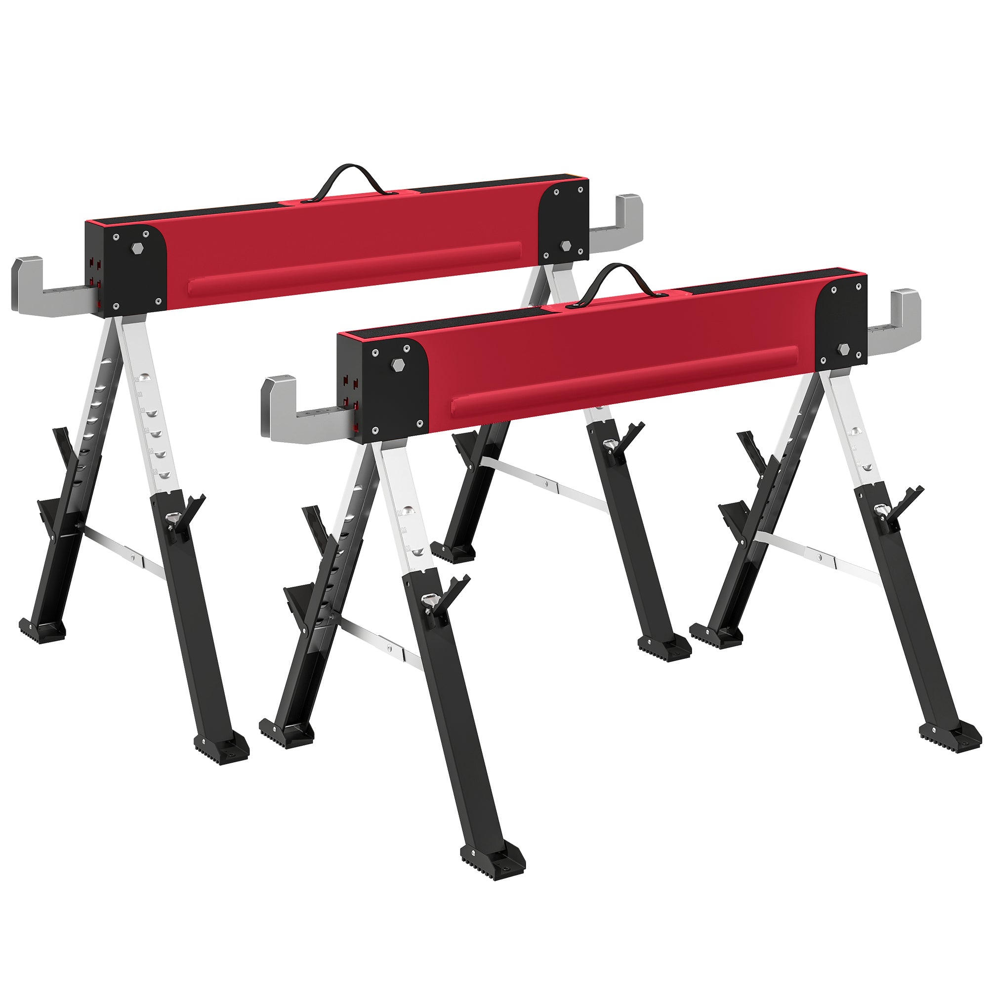 Sæt med 2 foldbare savbukke, lasteevne op til 1160 kg, 7-vejs højdejusterbar (64-81 cm), metal stilladsbukke med håndtag, rød